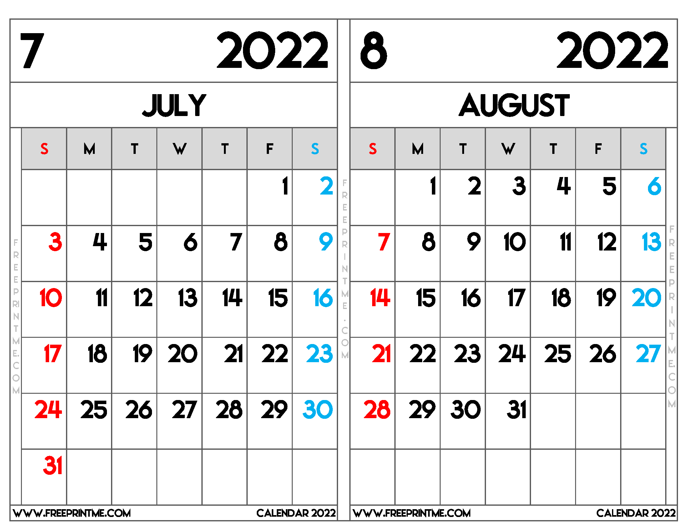 Free Printable July and August 2022 Calendar Letter Wide