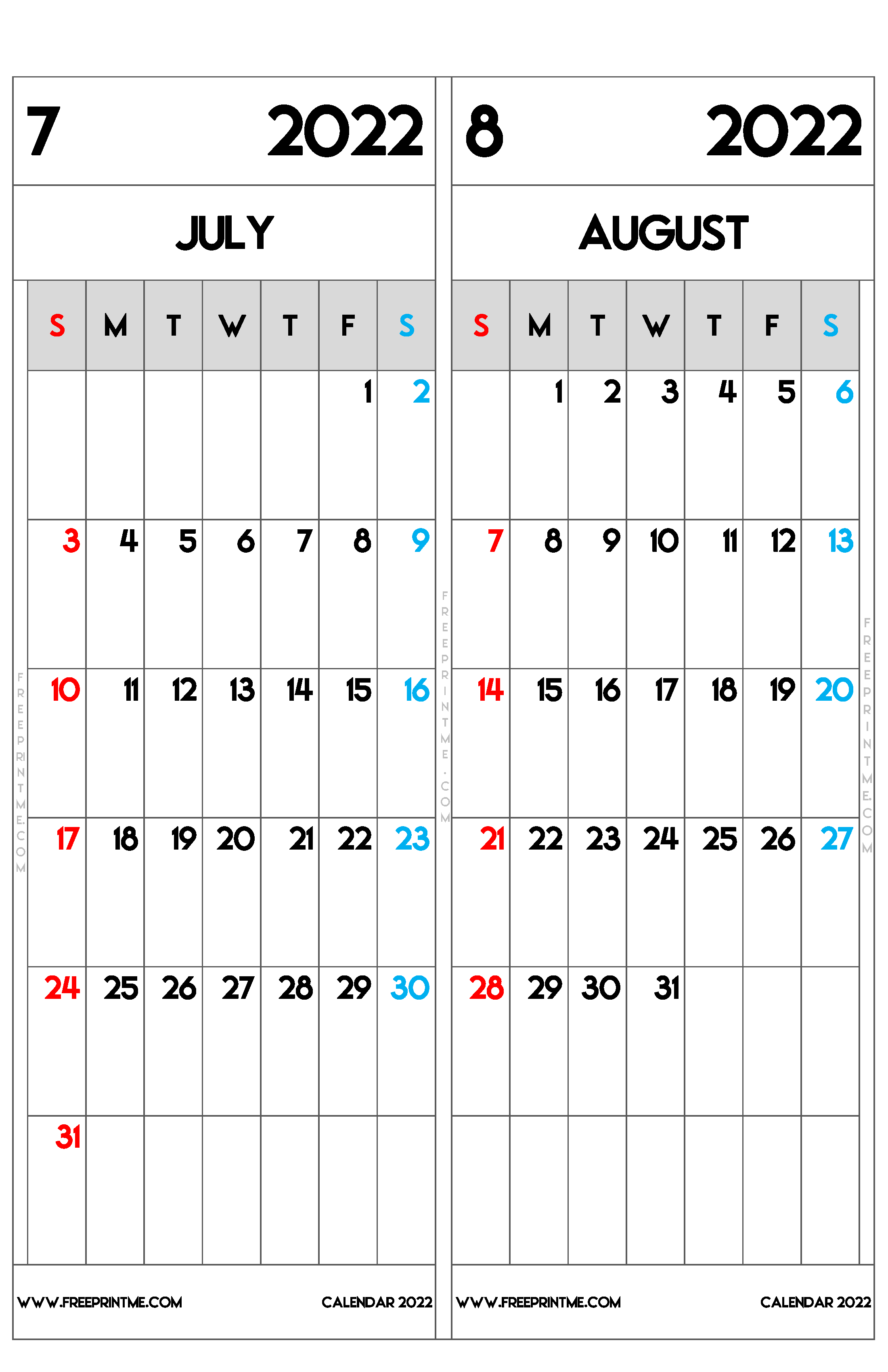 Free Printable July August 2022 Calendar Tabloid