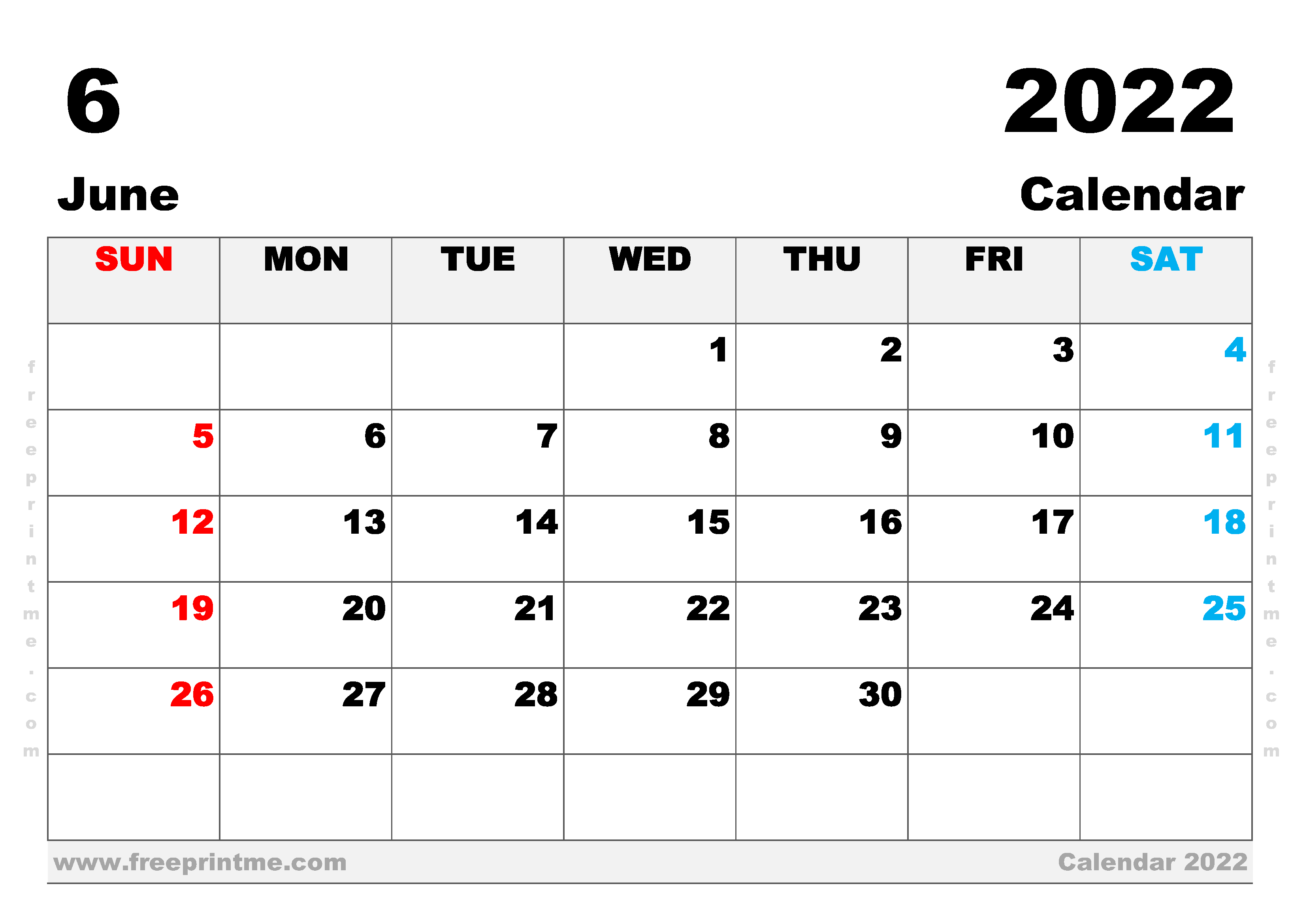 June 2022 Calendar Free Printable June 2022 Calendar A3 Wide