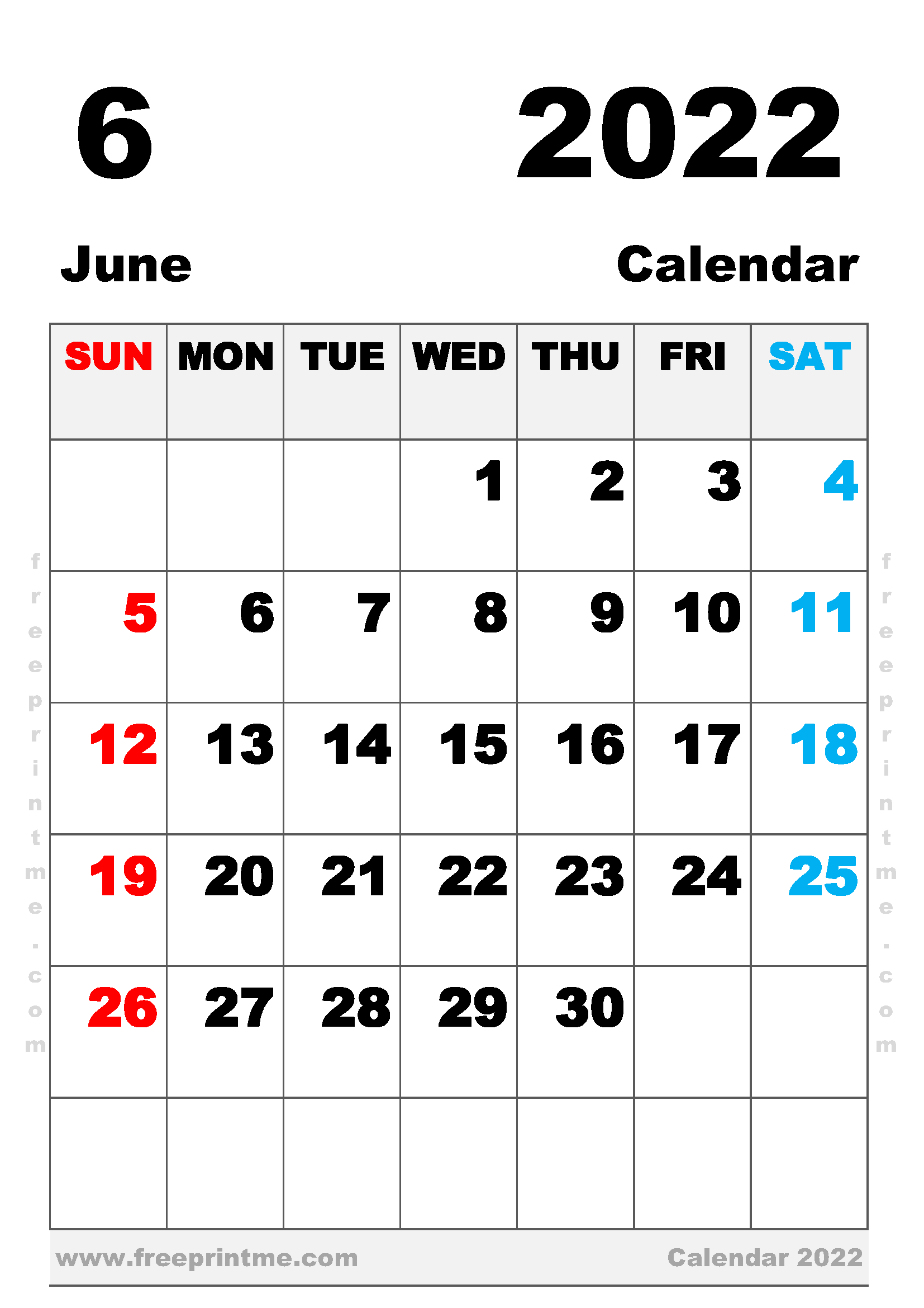 Free Printable June 2022 Calendar A4