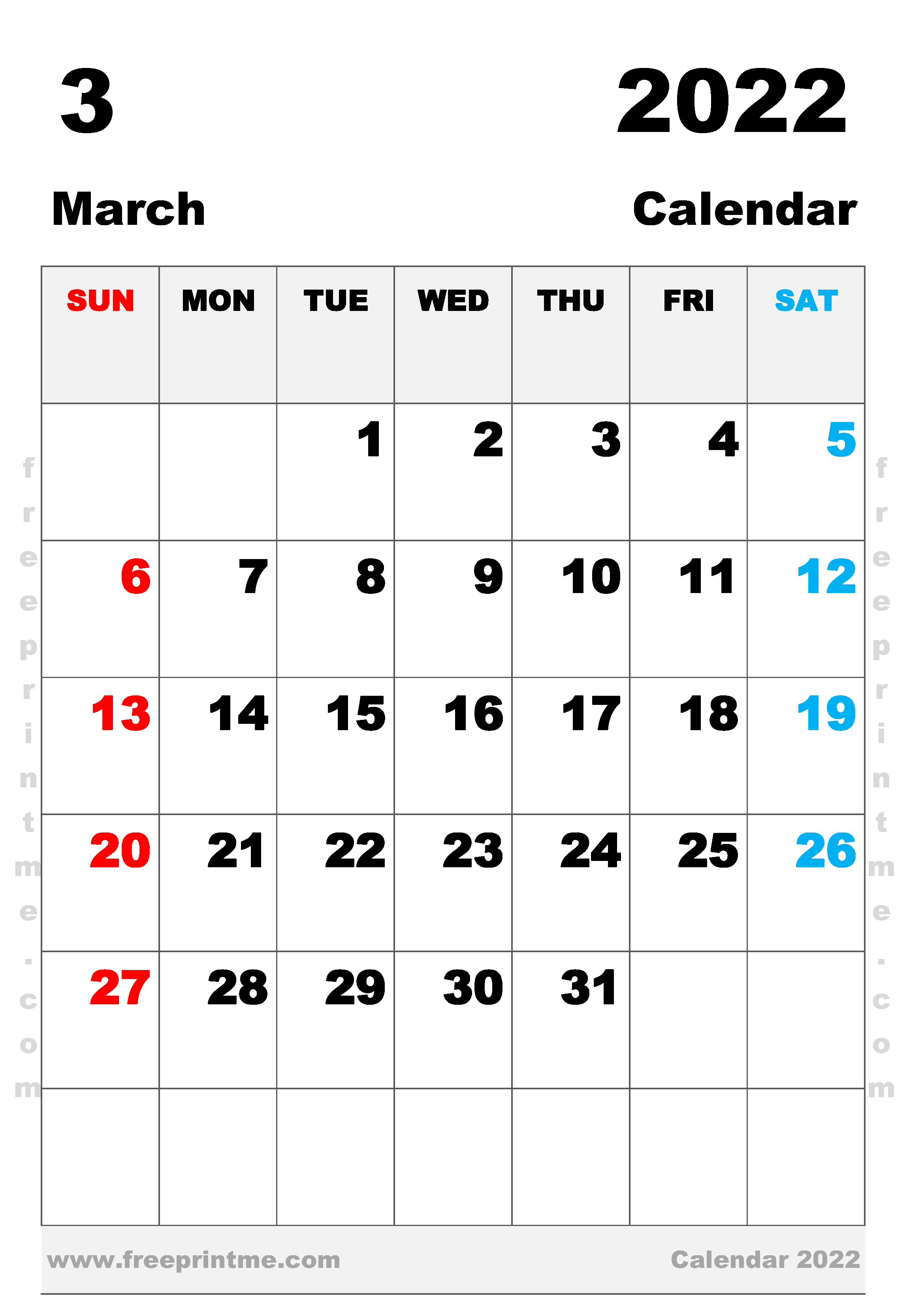 Free Printable March 2022 Calendar A3