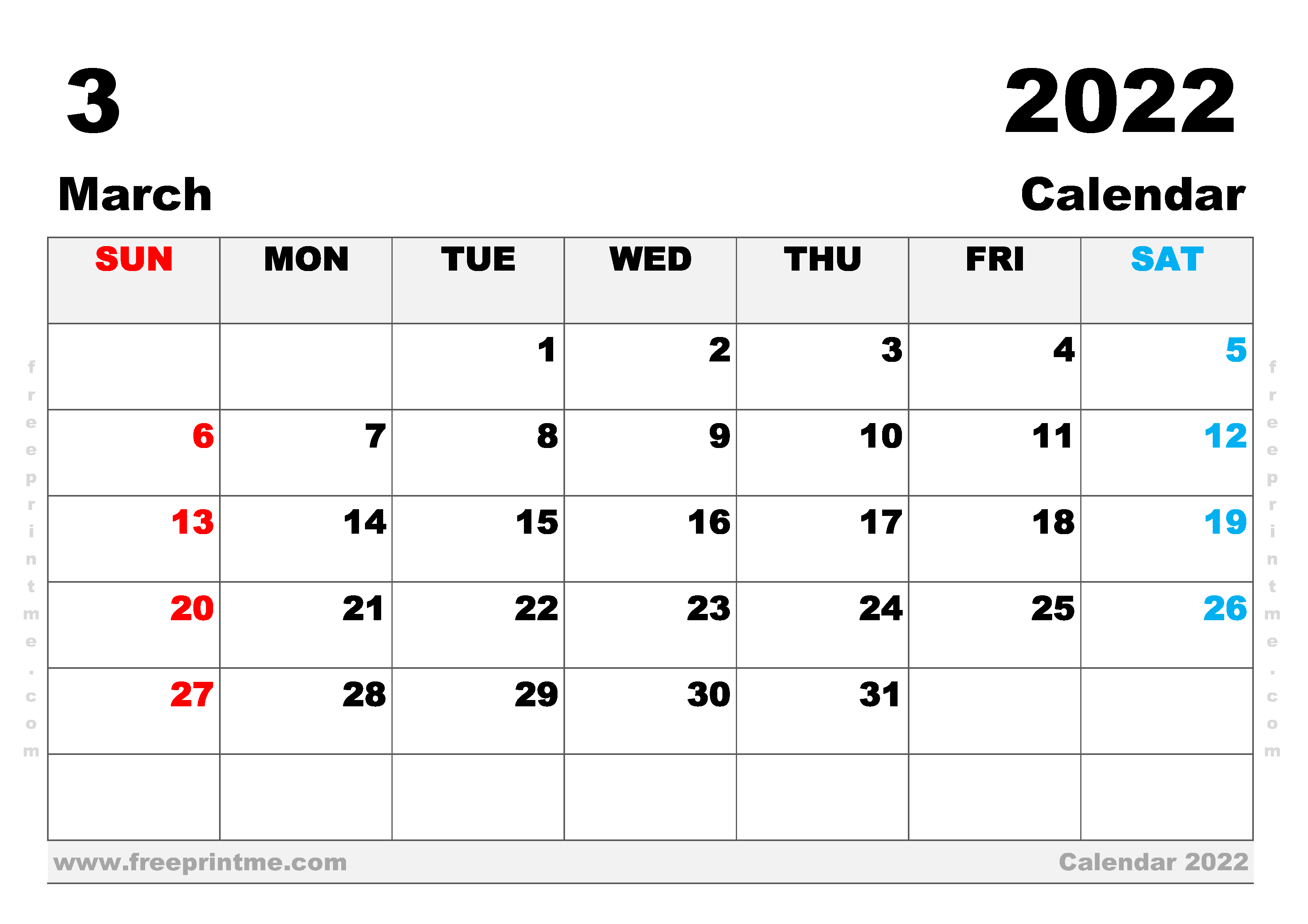 Free Printable March 2022 Calendar A3 Wide