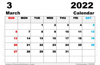 Free Printable March 2022 Calendar A4 Wide