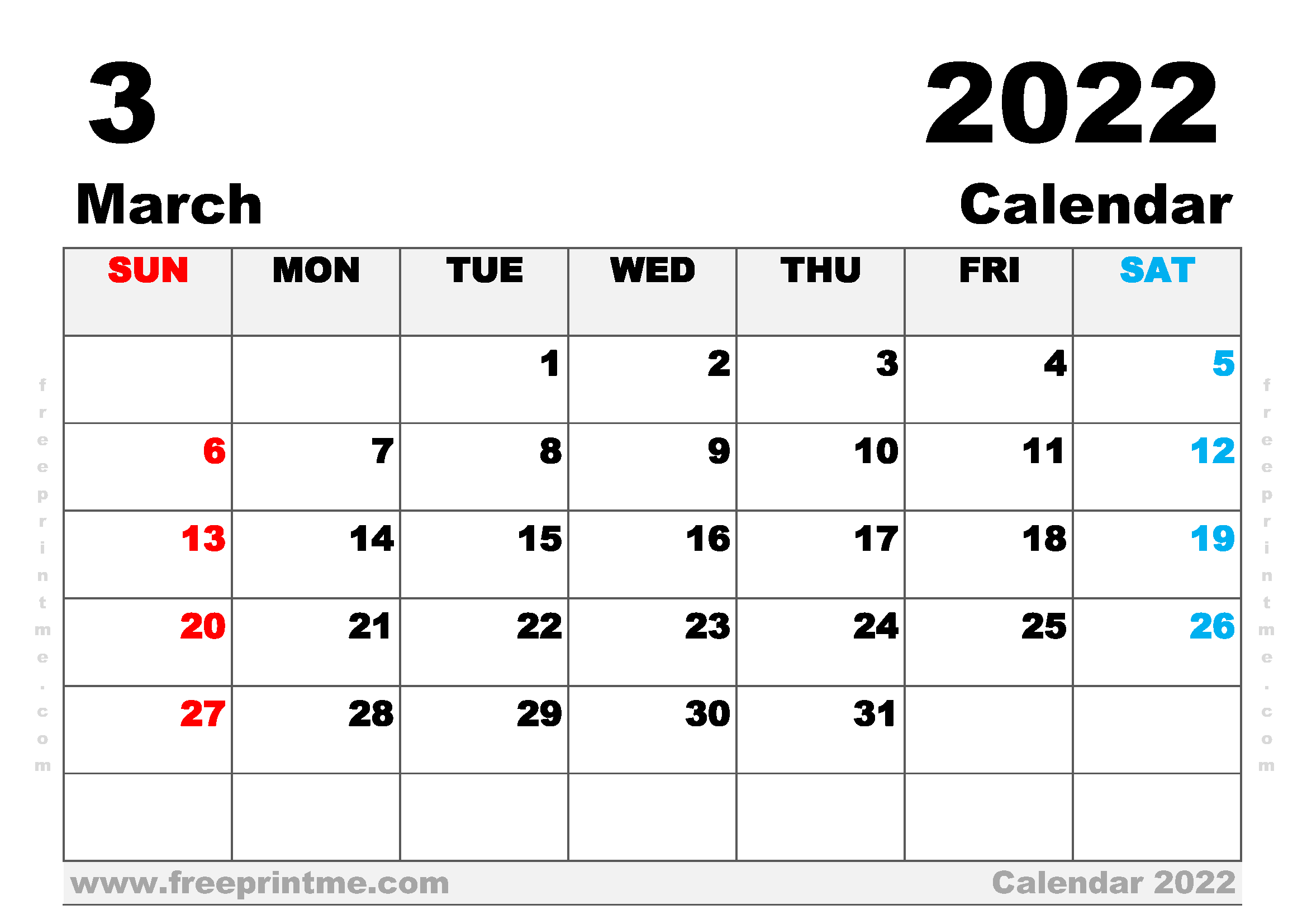Free Printable March 2022 Calendar A4 Wide