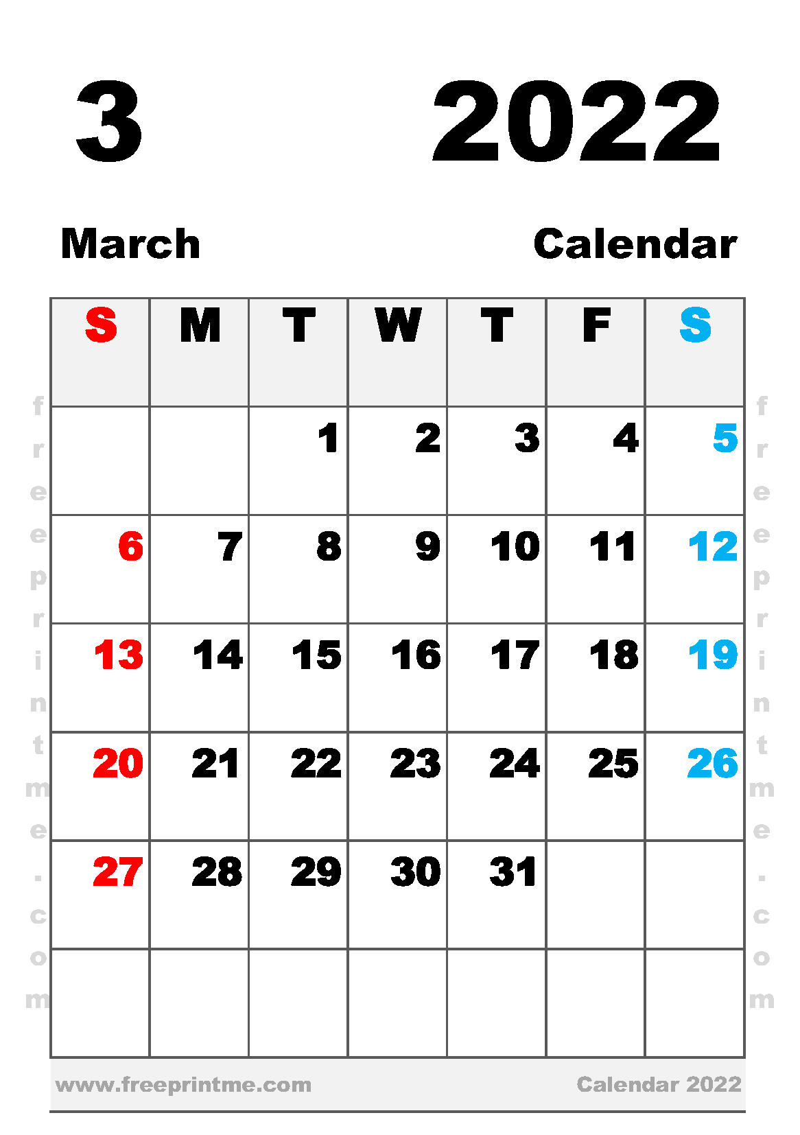 Free Printable March 2022 Calendar A5
