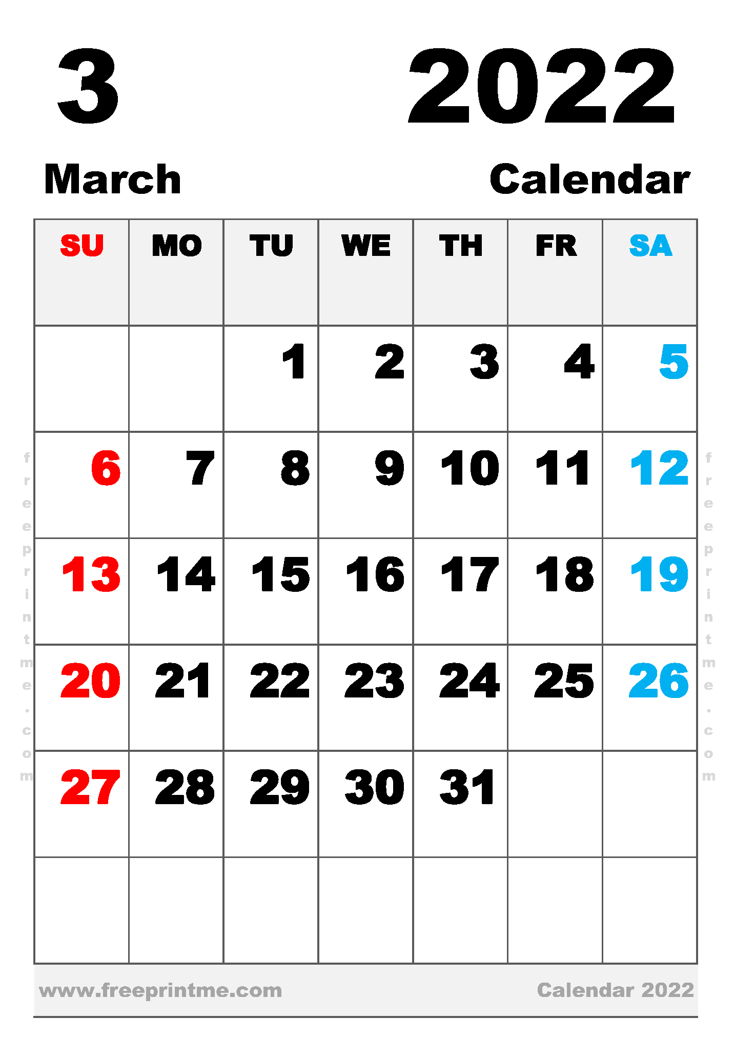 Free Printable March 2022 Calendar B5