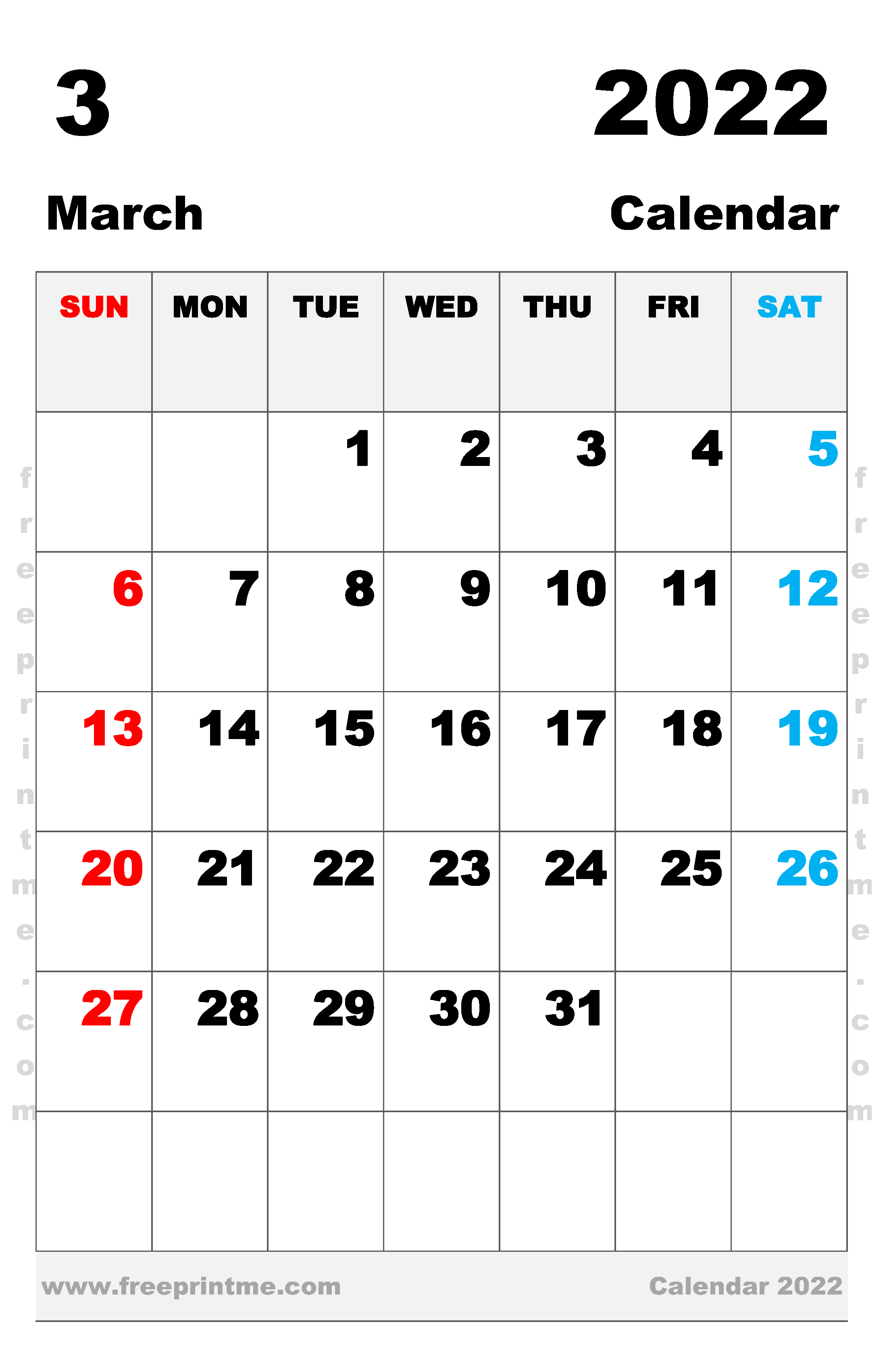 Free Printable March 2022 Calendar Tabloid
