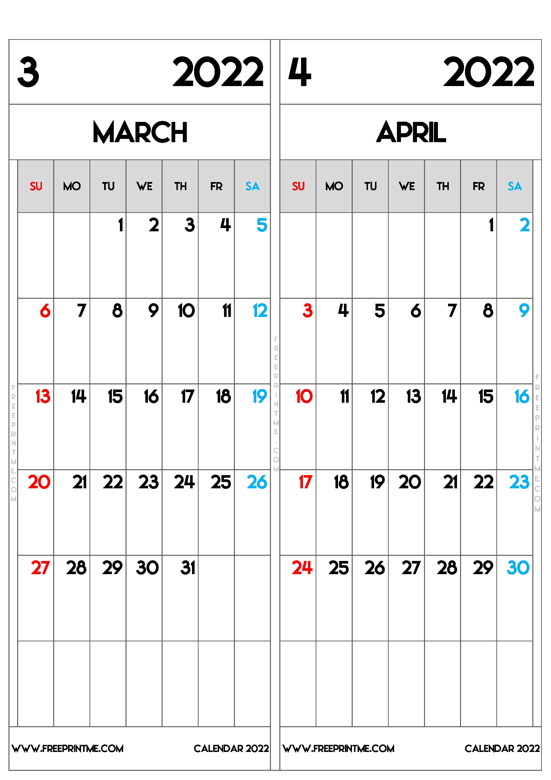 Free Printable March April 2022 Calendar A3