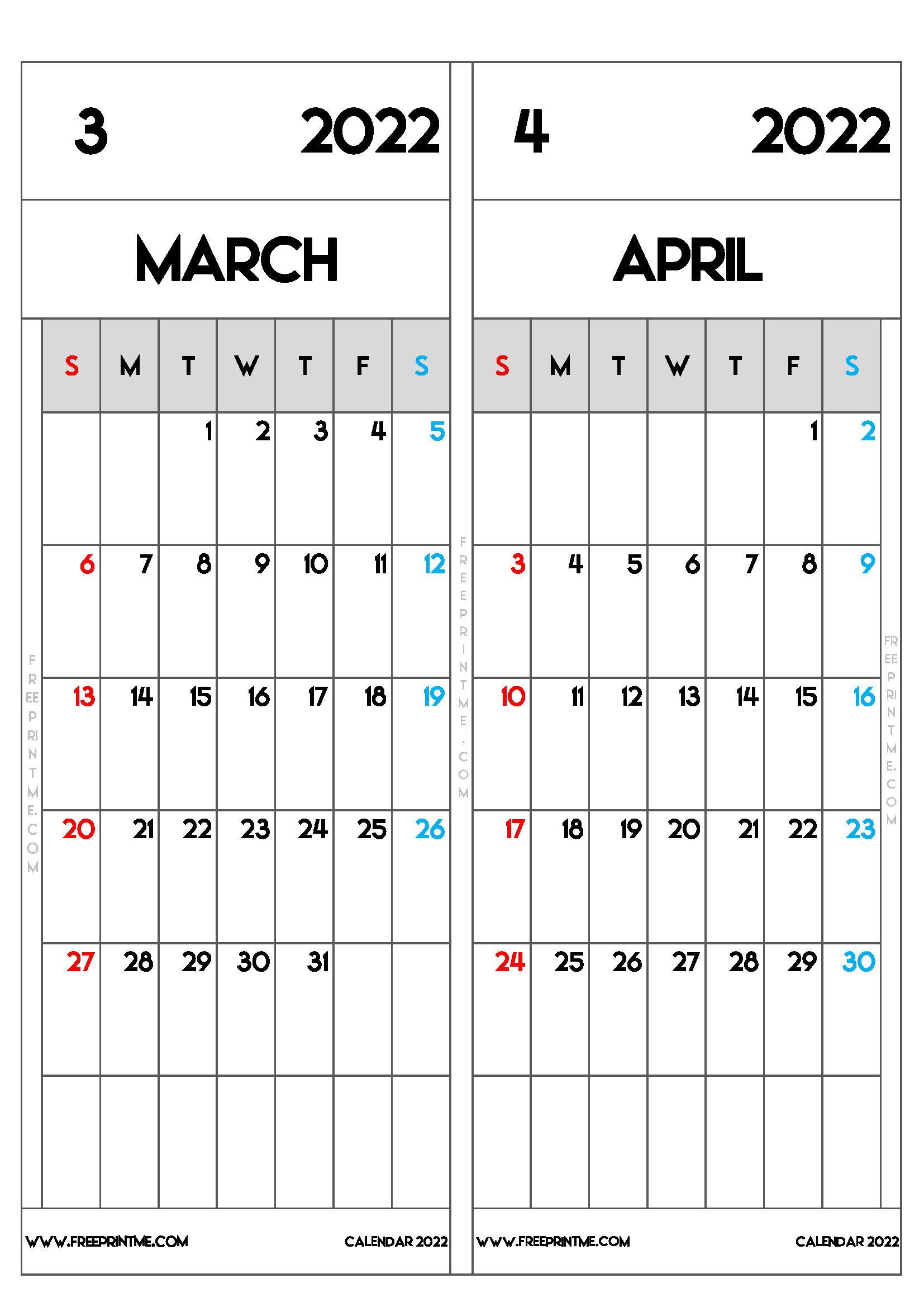Free Printable March April 2022 Calendar A4