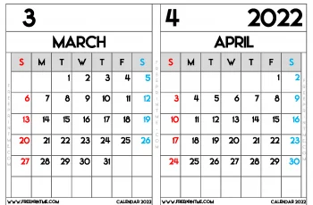 Free Printable March and April 2022 Calendar A5 Wide