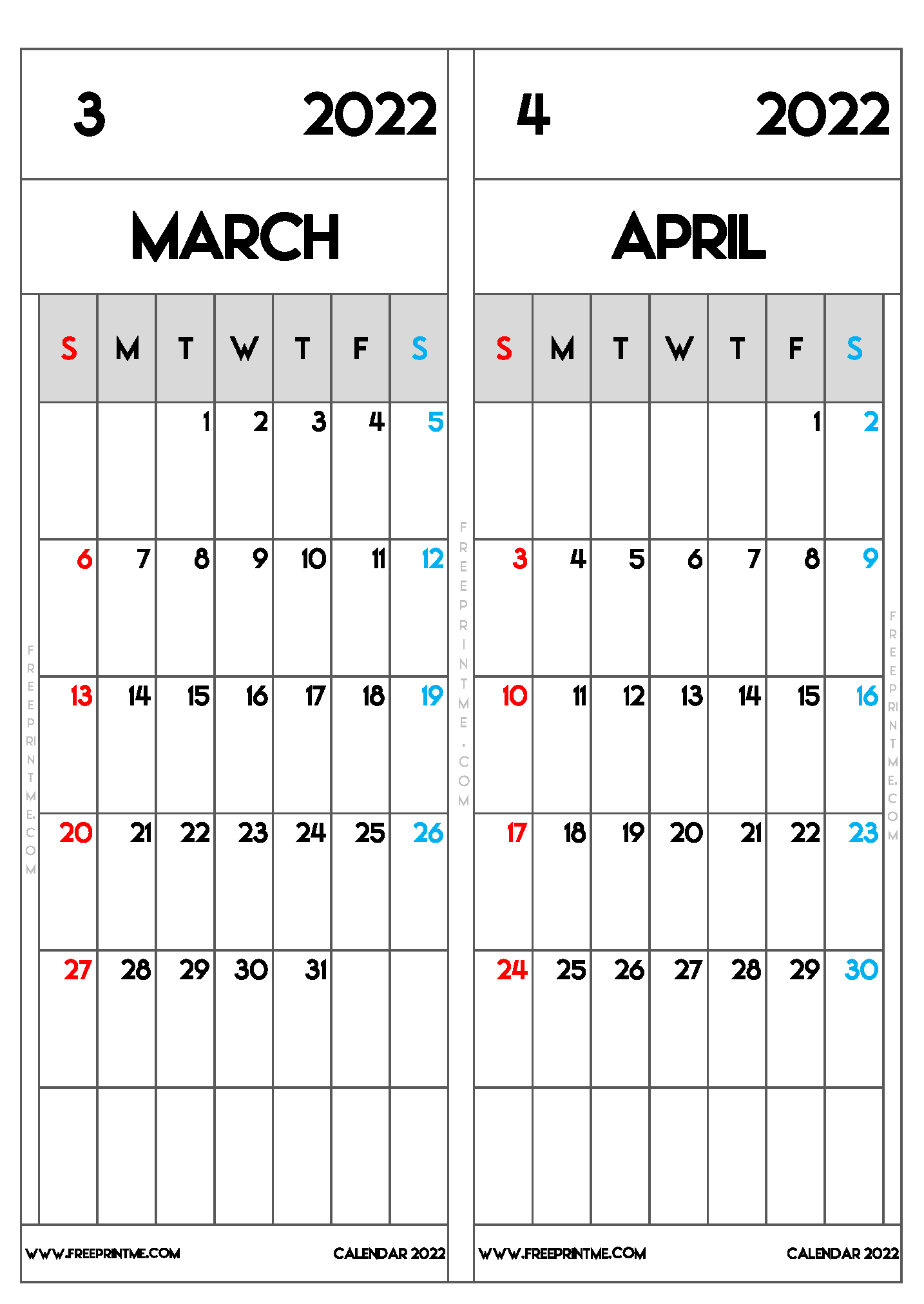 Free Printable March and April 2022 Calendar B5