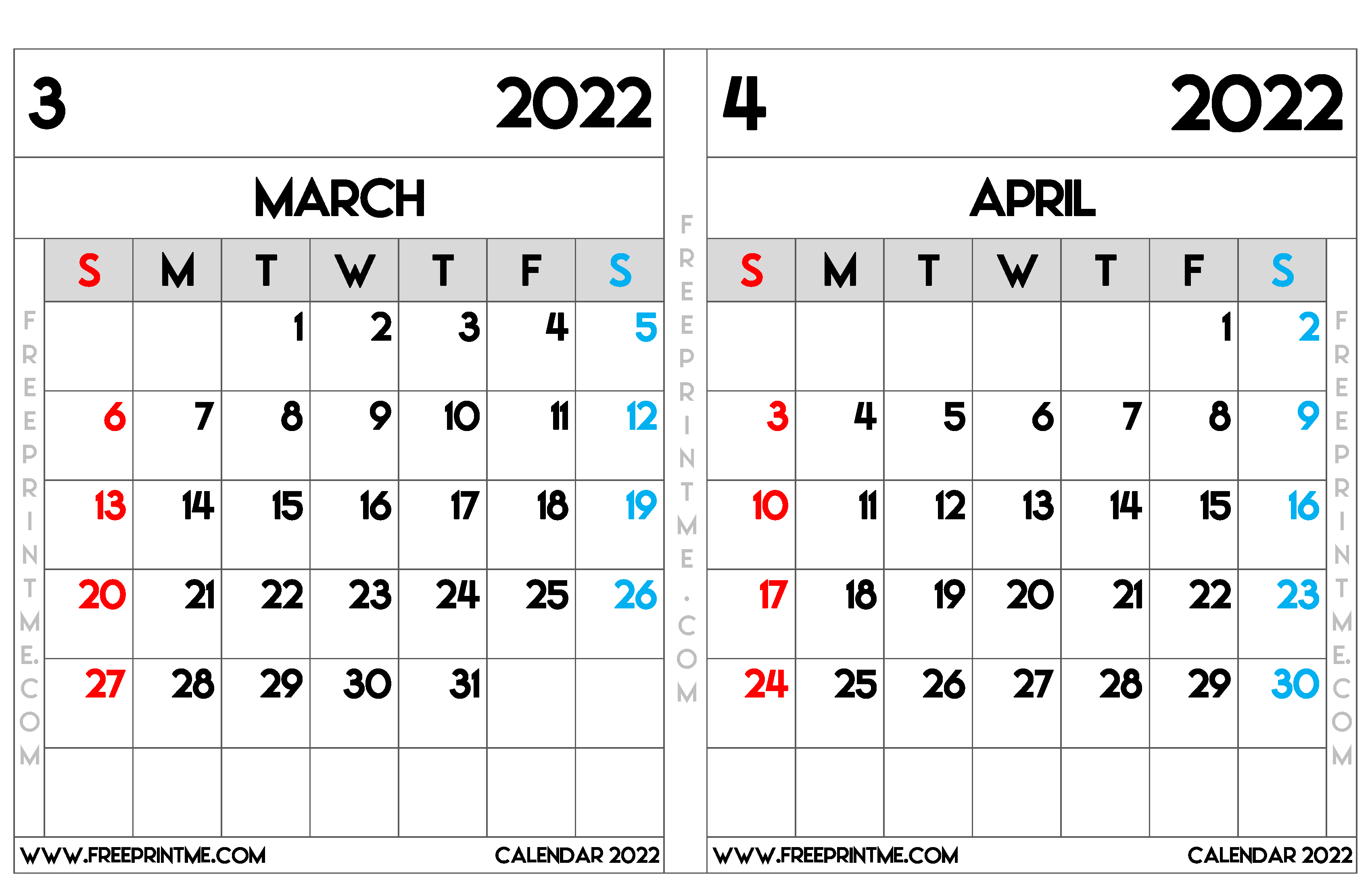 Free Printable March April 2022 Calendar Ledger