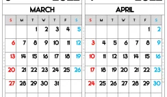Free Printable March and April 2022 Calendar Letter Wide