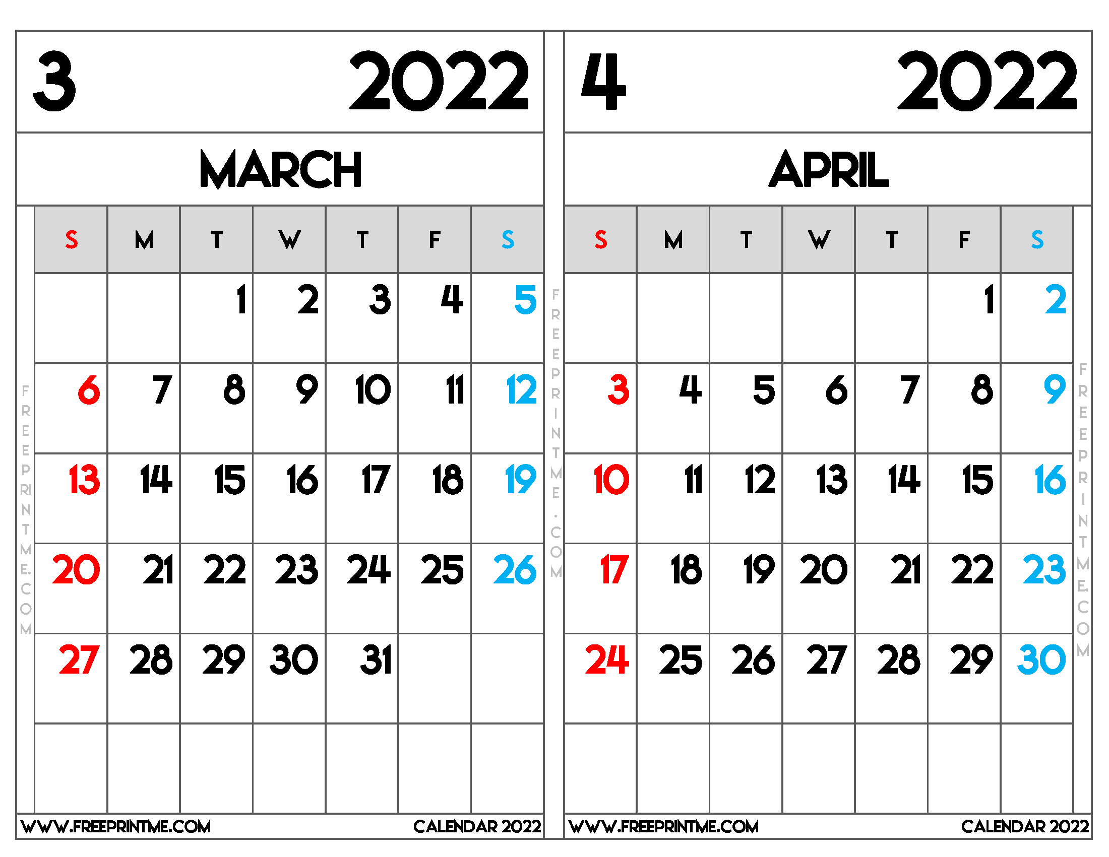 March And April 2022 Calendar Free Printable March And April 2022 Calendar Letter Wide