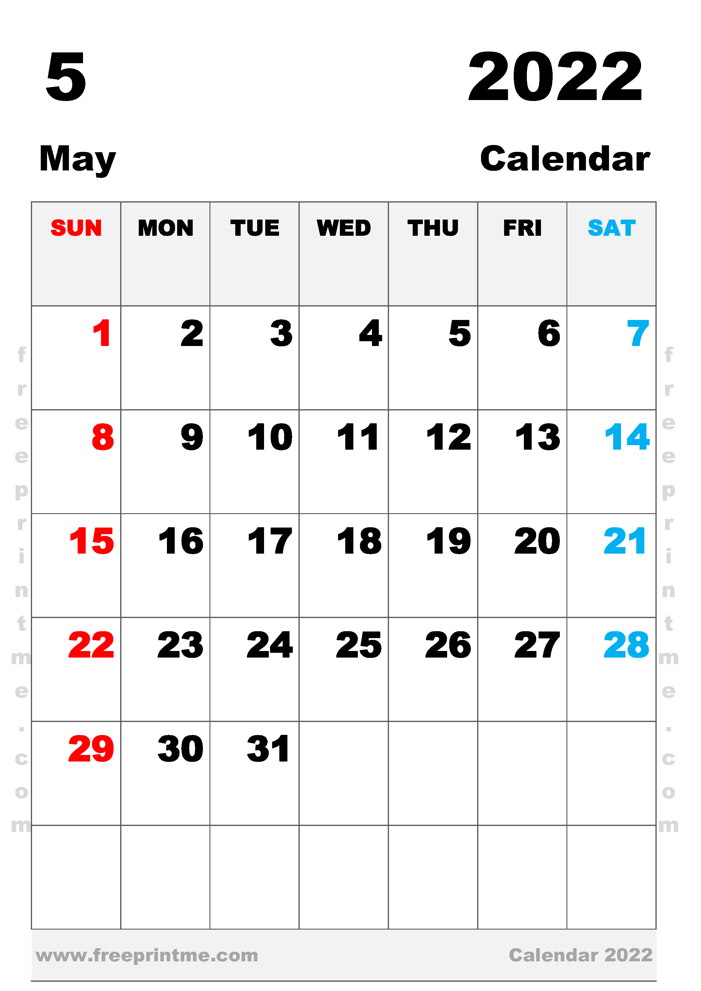 Free Printable May 2022 Calendar A3
