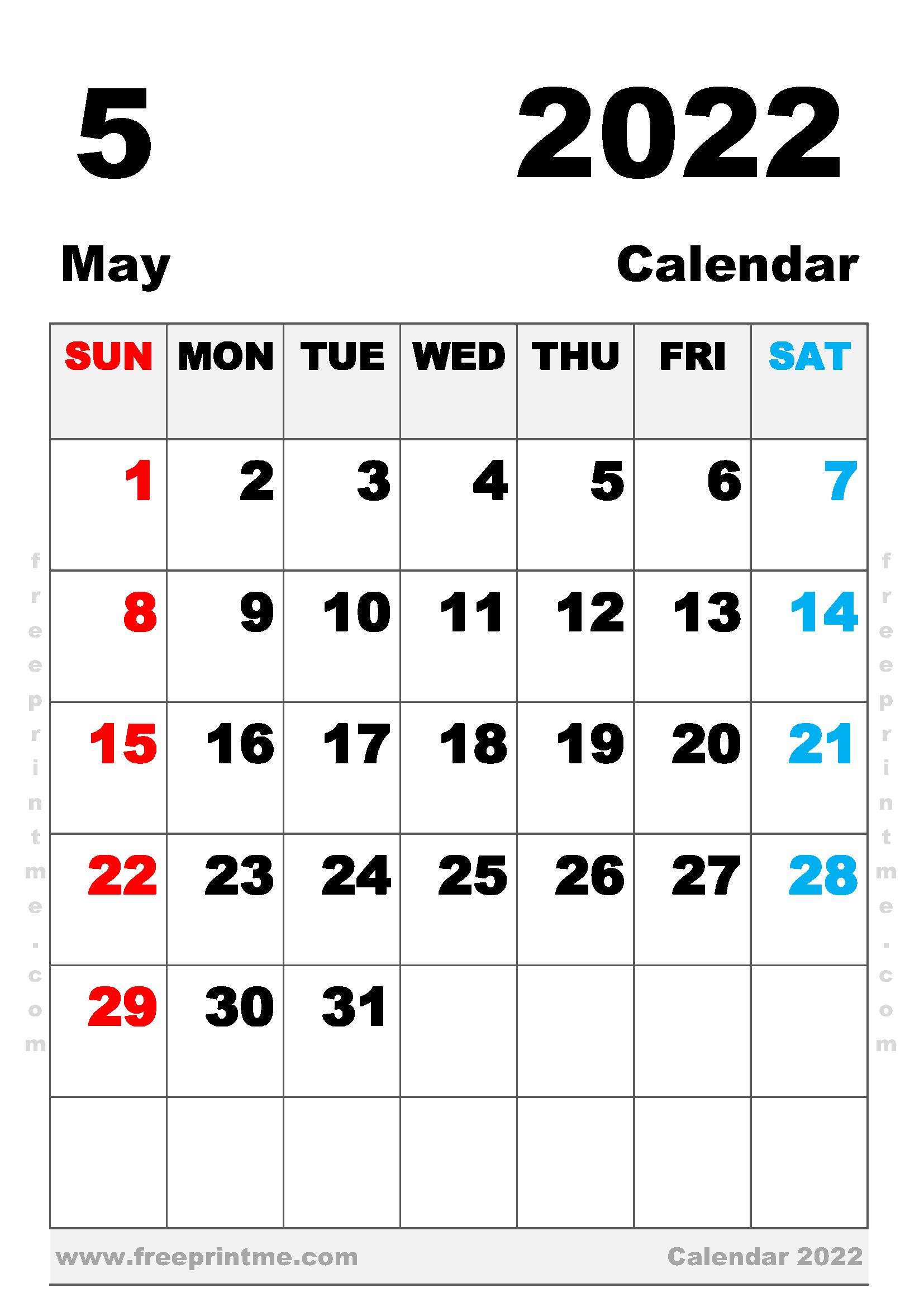 Free Printable May 2022 Calendar A4