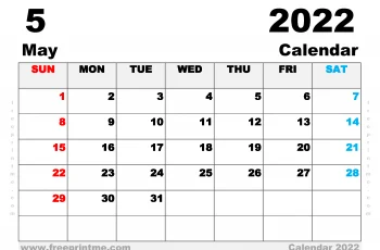 Free Printable May 2022 Calendar A4 Wide