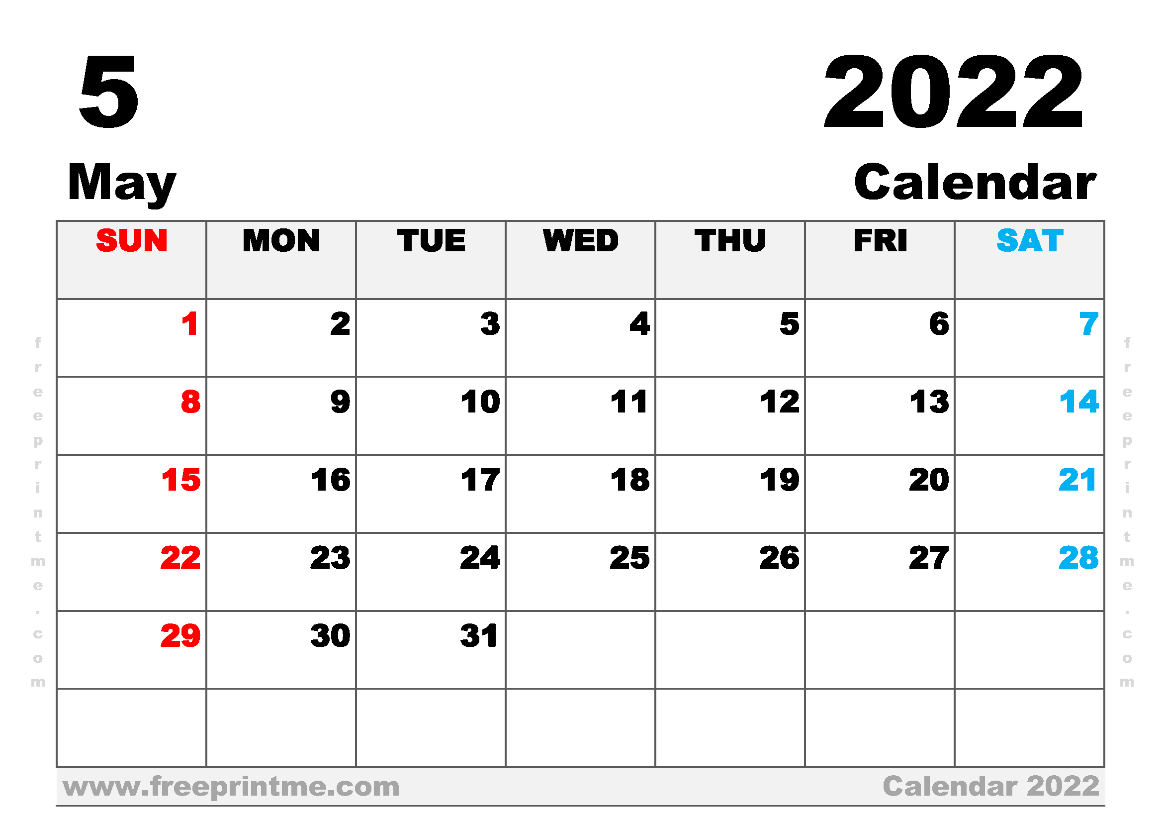 Free Printable May 2022 Calendar A4 Wide
