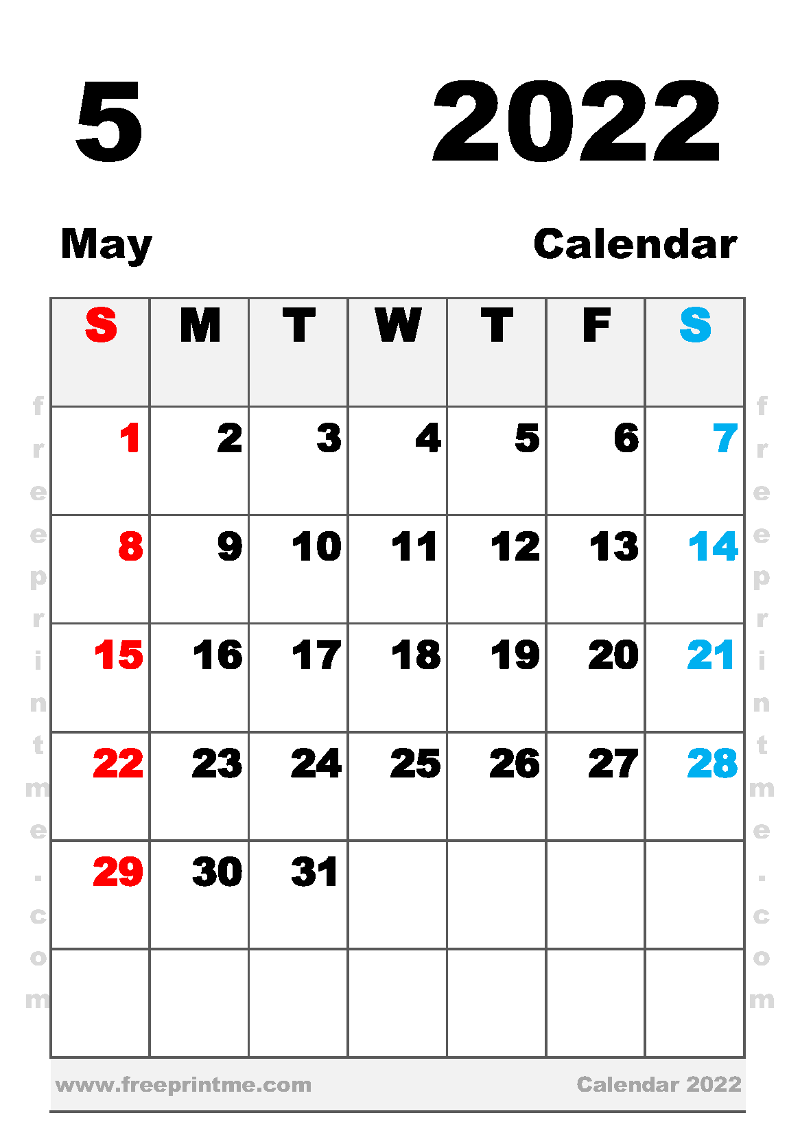Free Printable May 2022 Calendar A5