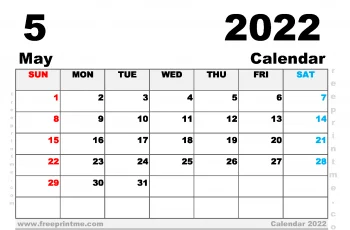 Free Printable May 2022 Calendar A5 Wide