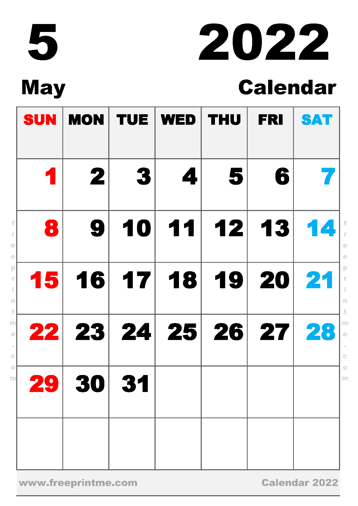 Free Printable May 2022 Calendar B5