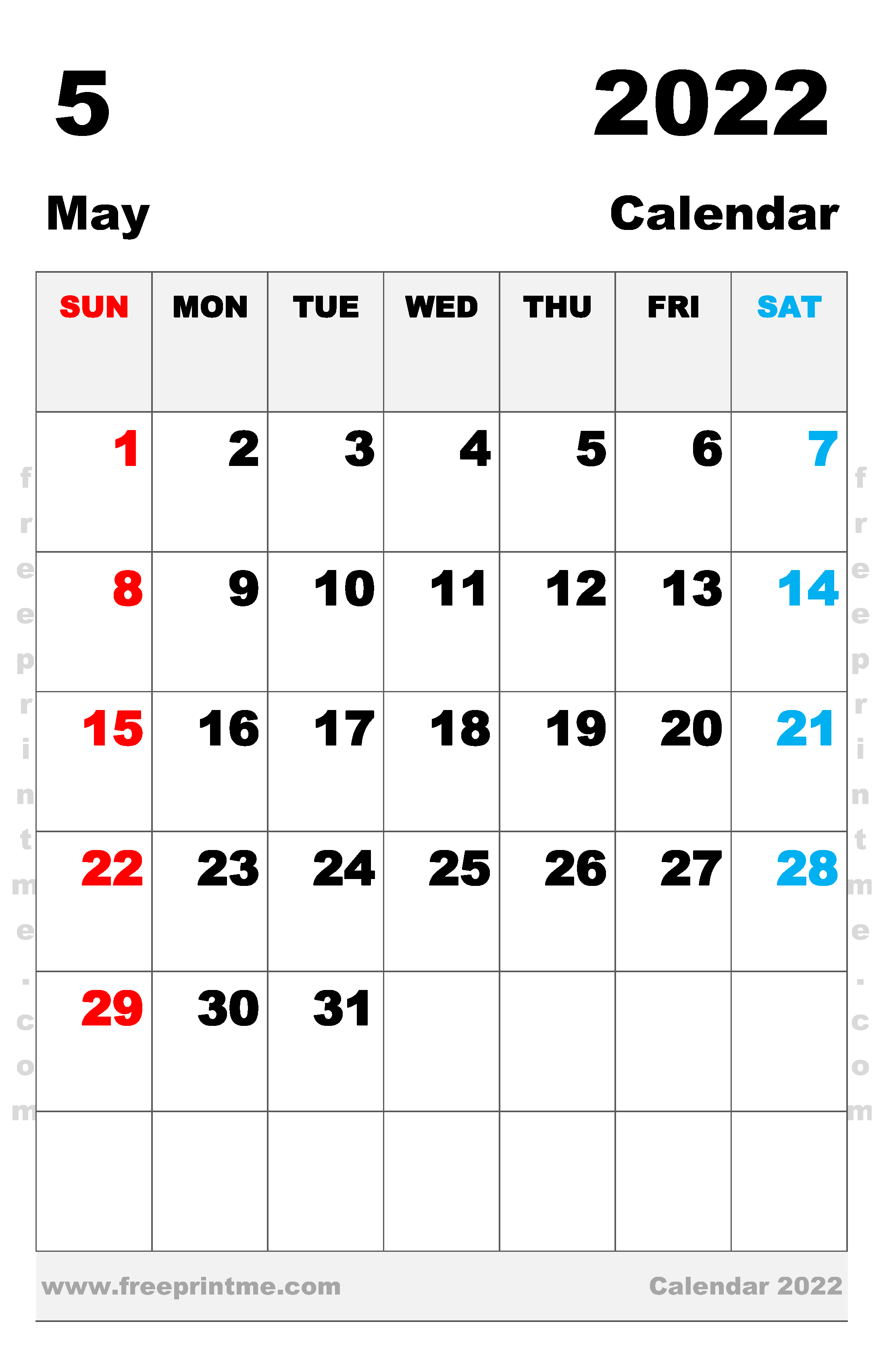 Free Printable May 2022 Calendar Tabloid