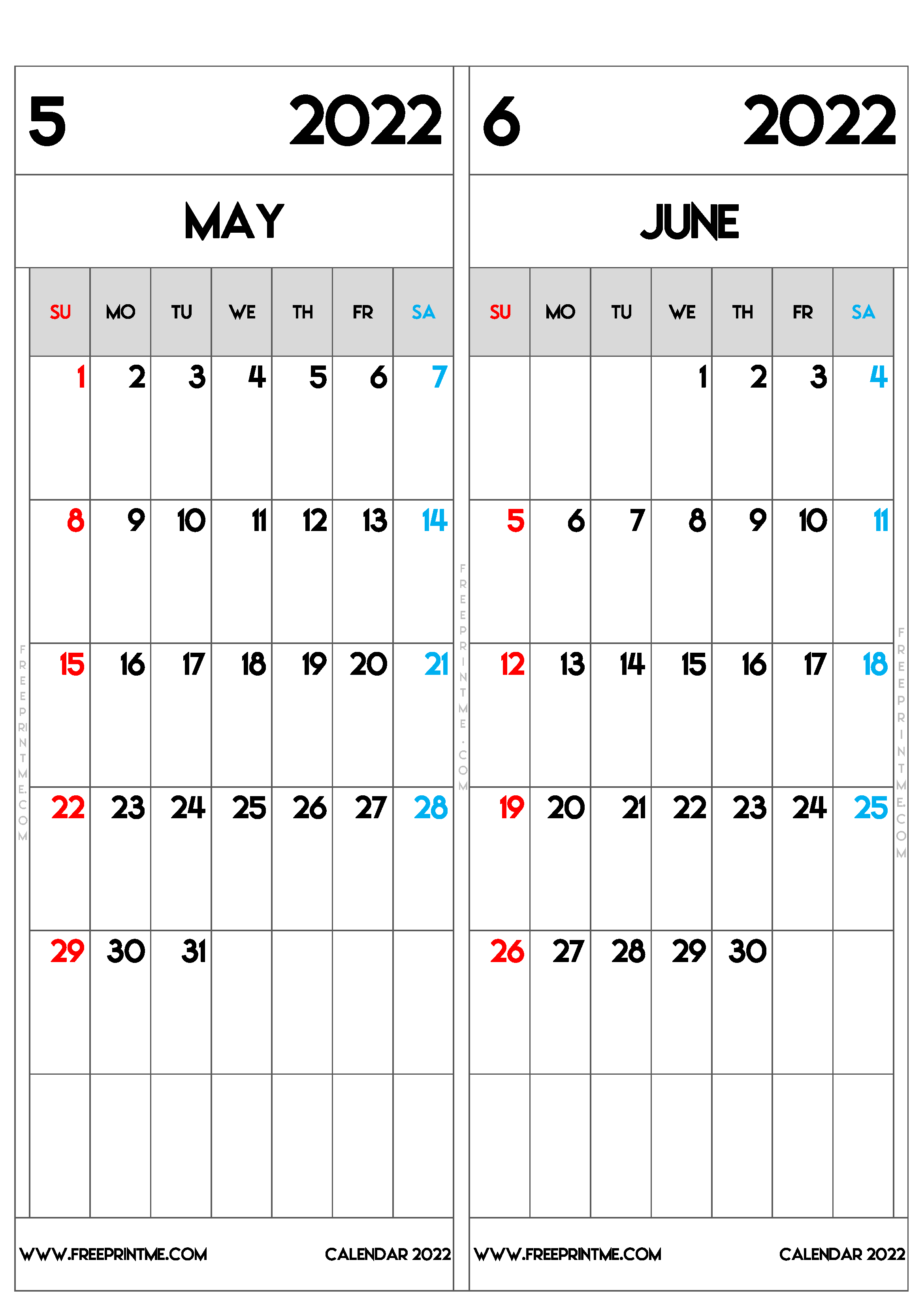 Free Printable May June 2022 Calendar A3
