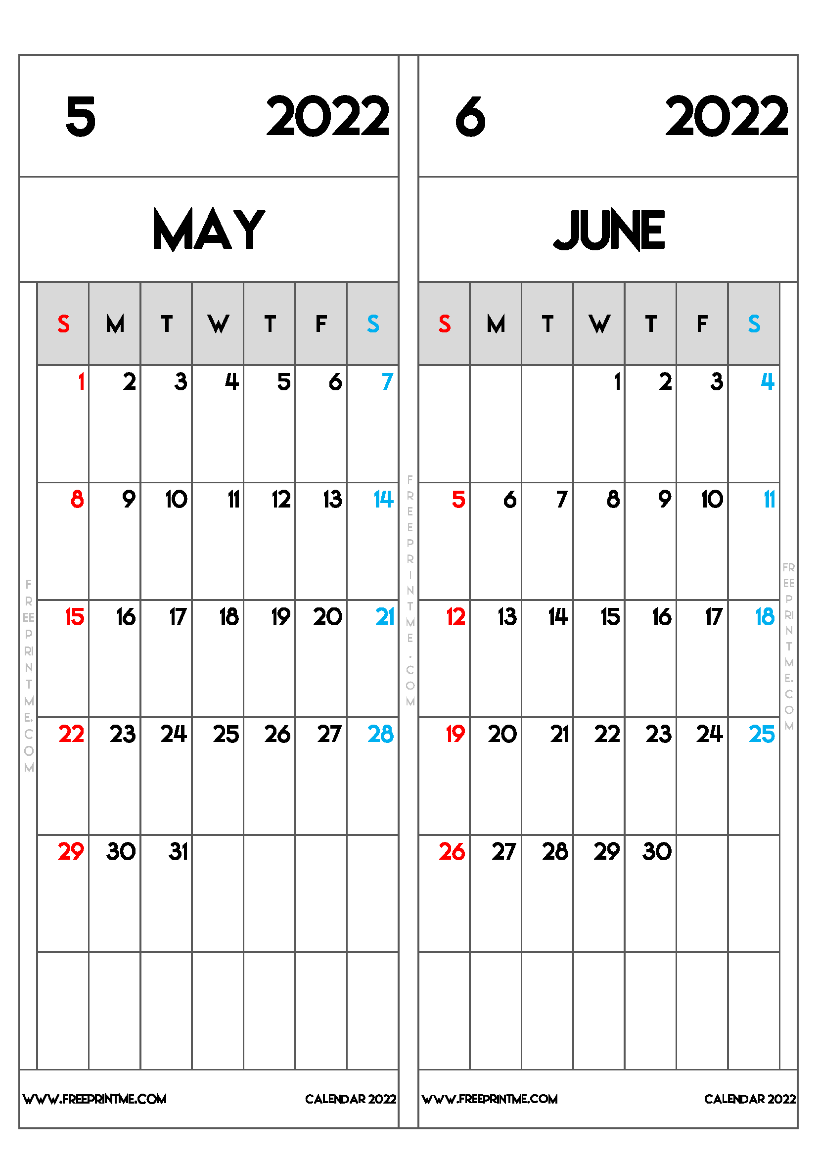 Free Printable May June 2022 Calendar A4