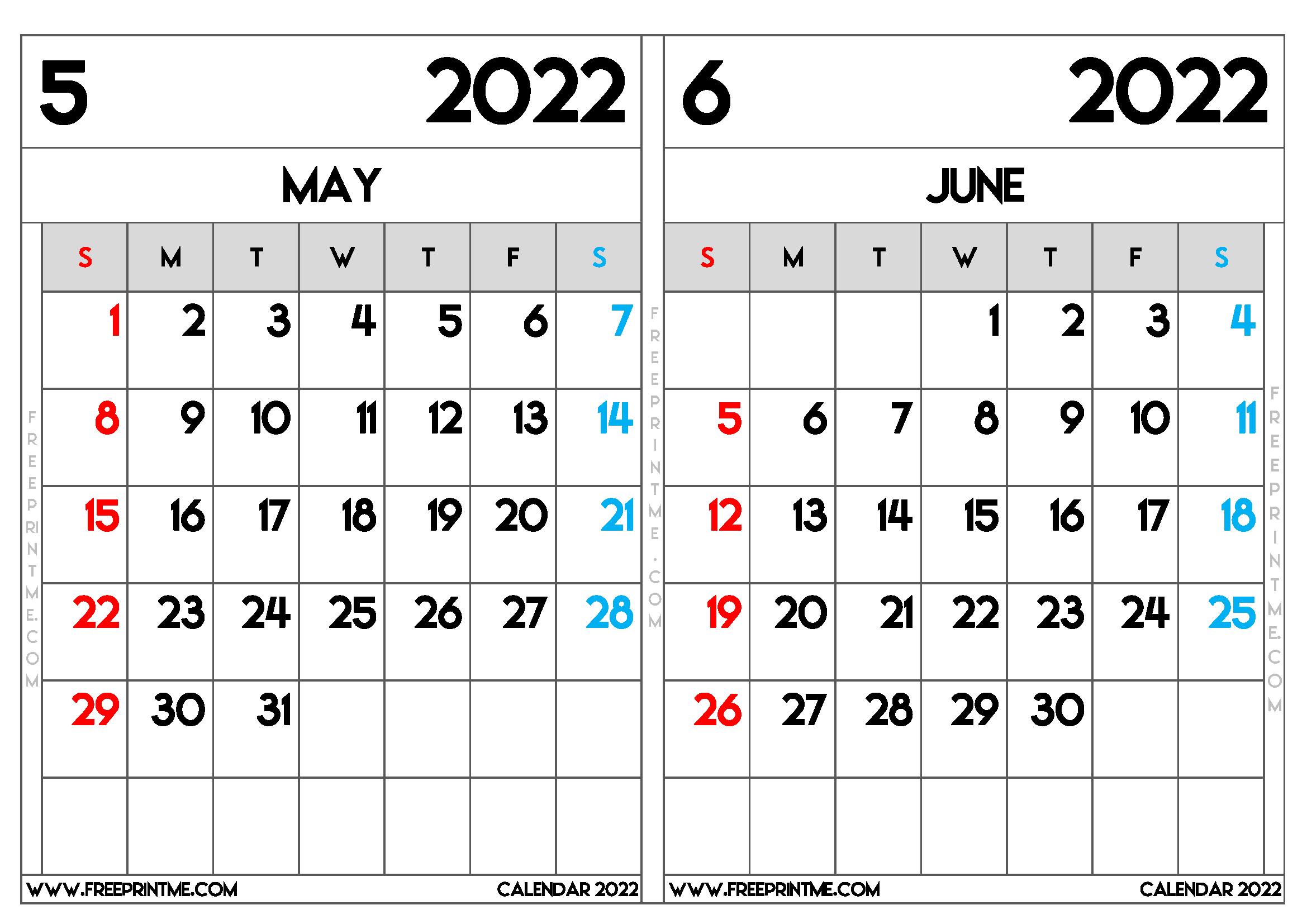 Free Printable May and June 2022 Calendar A4 Wide