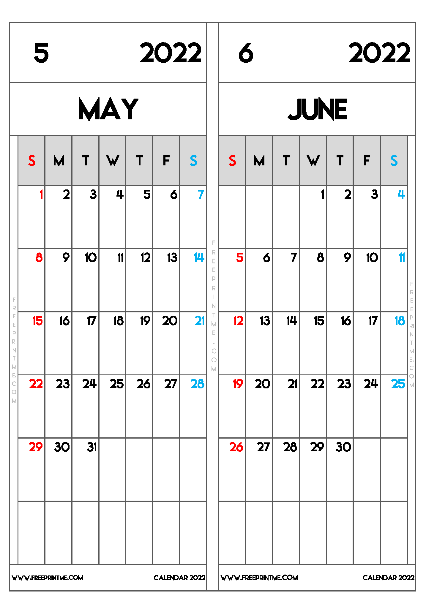 Free Printable May and June 2022 Calendar B5