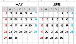 Free Printable May and June 2022 Calendar Letter Wide