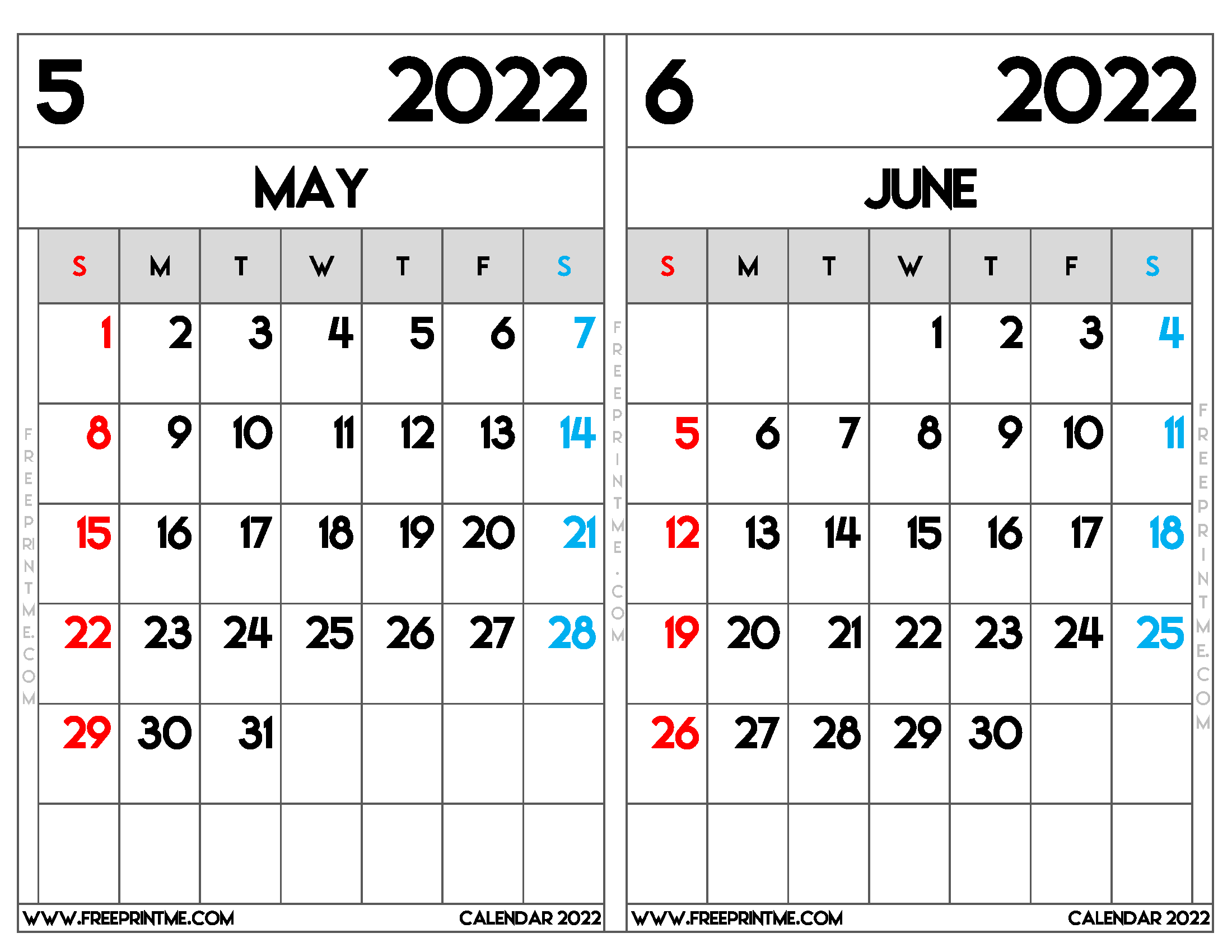 Free Printable May and June 2022 Calendar Letter Wide