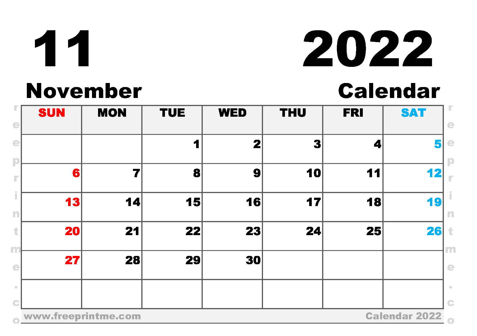 Free Printable November 2022 Calendar A5 Wide