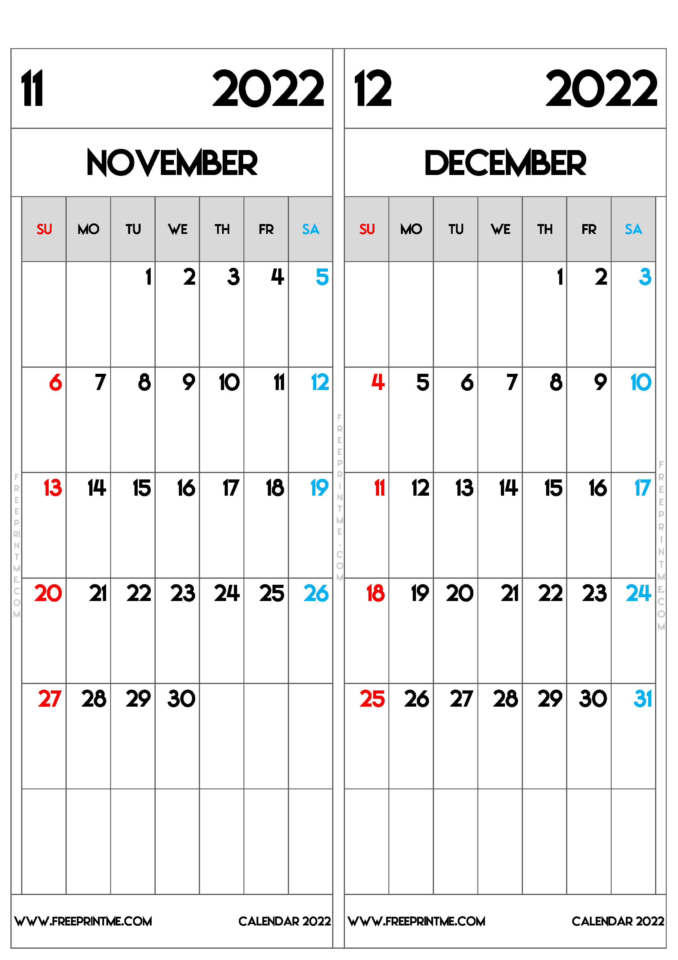 Free Printable November December 2022 Calendar A3