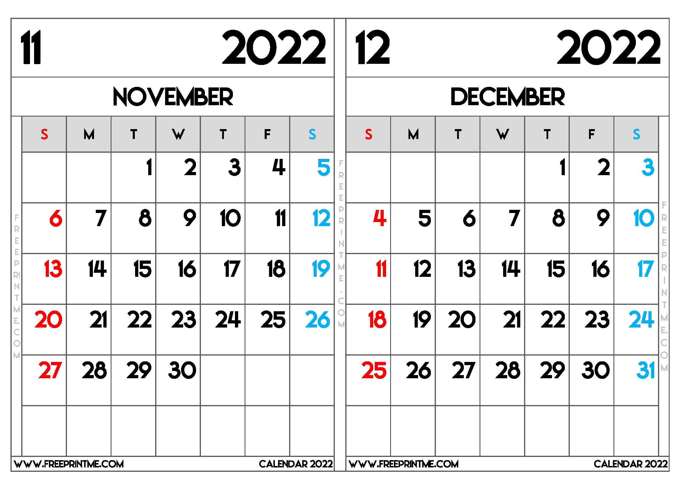Free Printable November and December 2022 Calendar A4 Wide