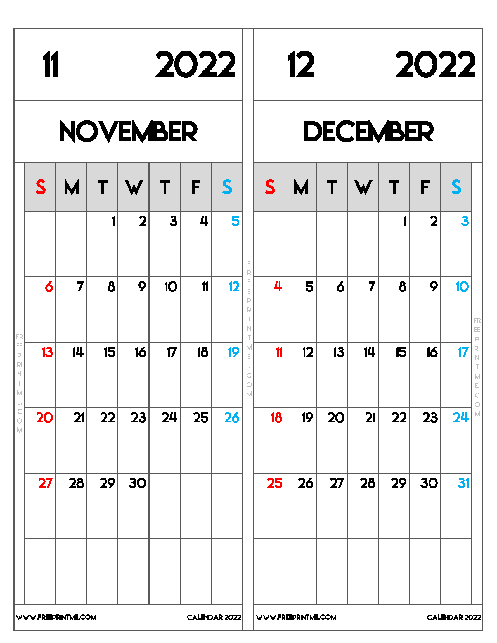 Free Printable November December 2022 Calendar Letter