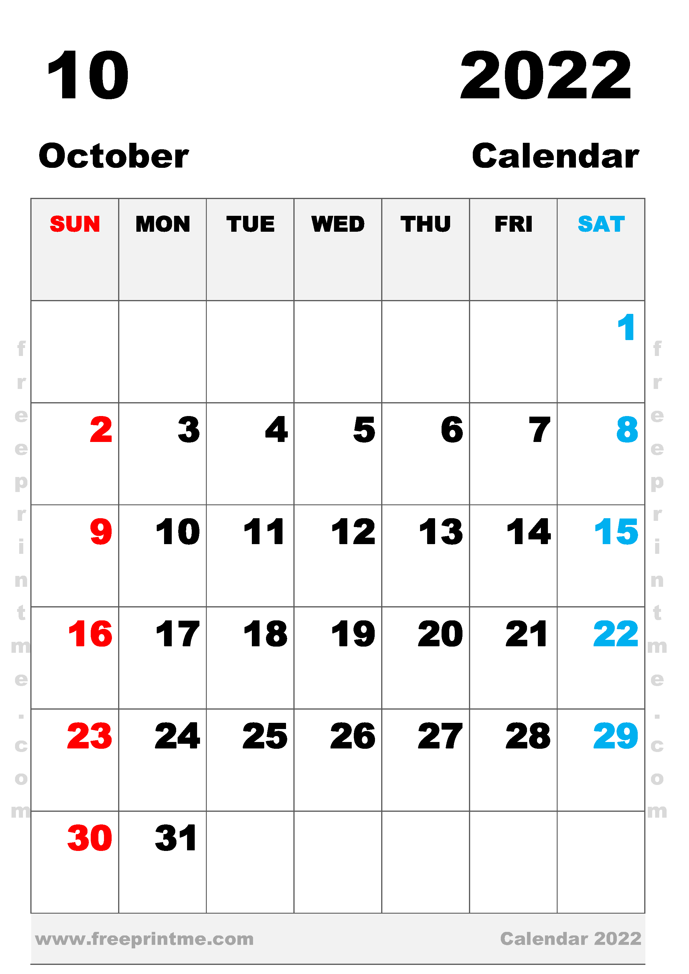 Free Printable October 2022 Calendar A3