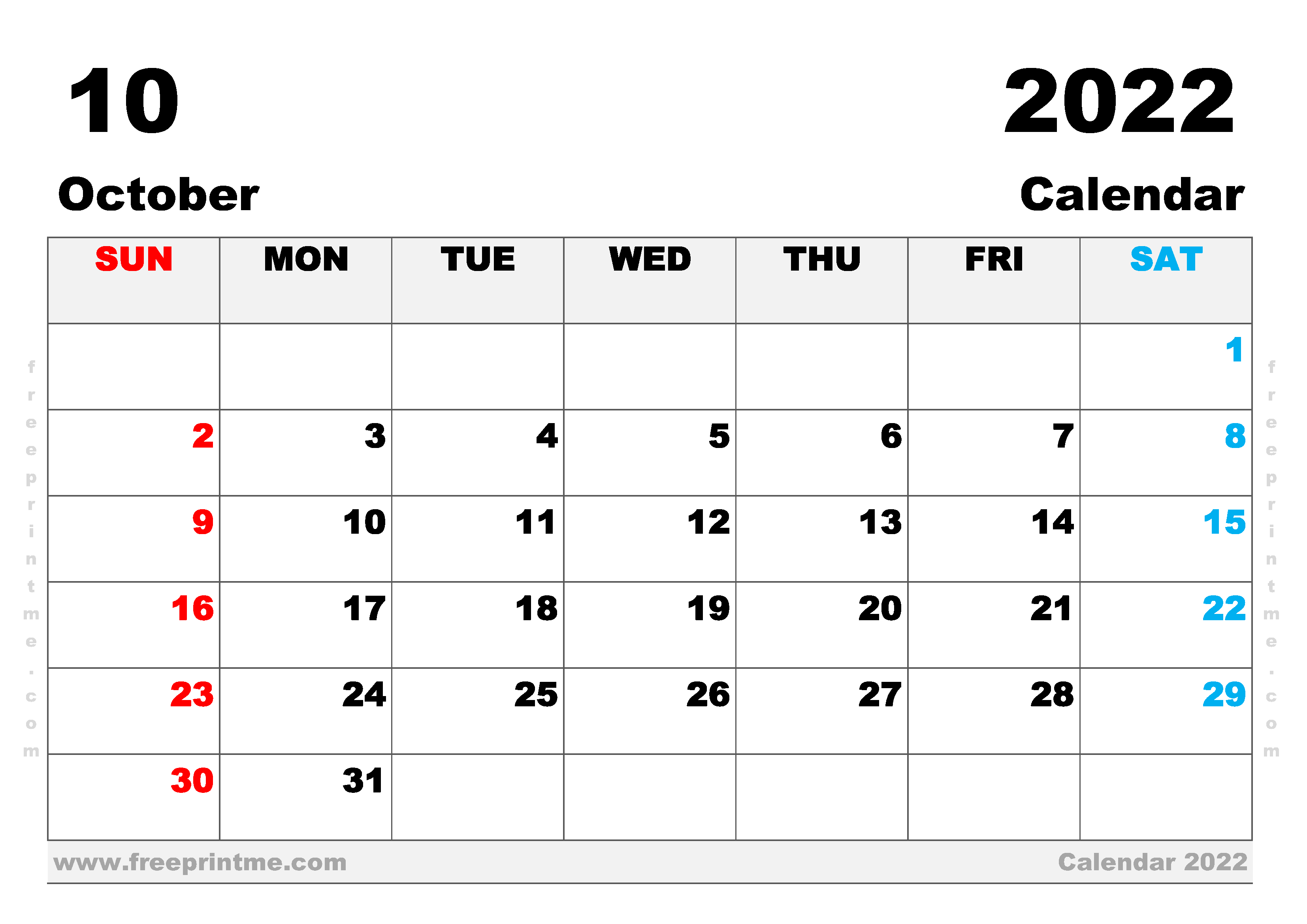 Free Printable October 2022 Calendar A3 Wide