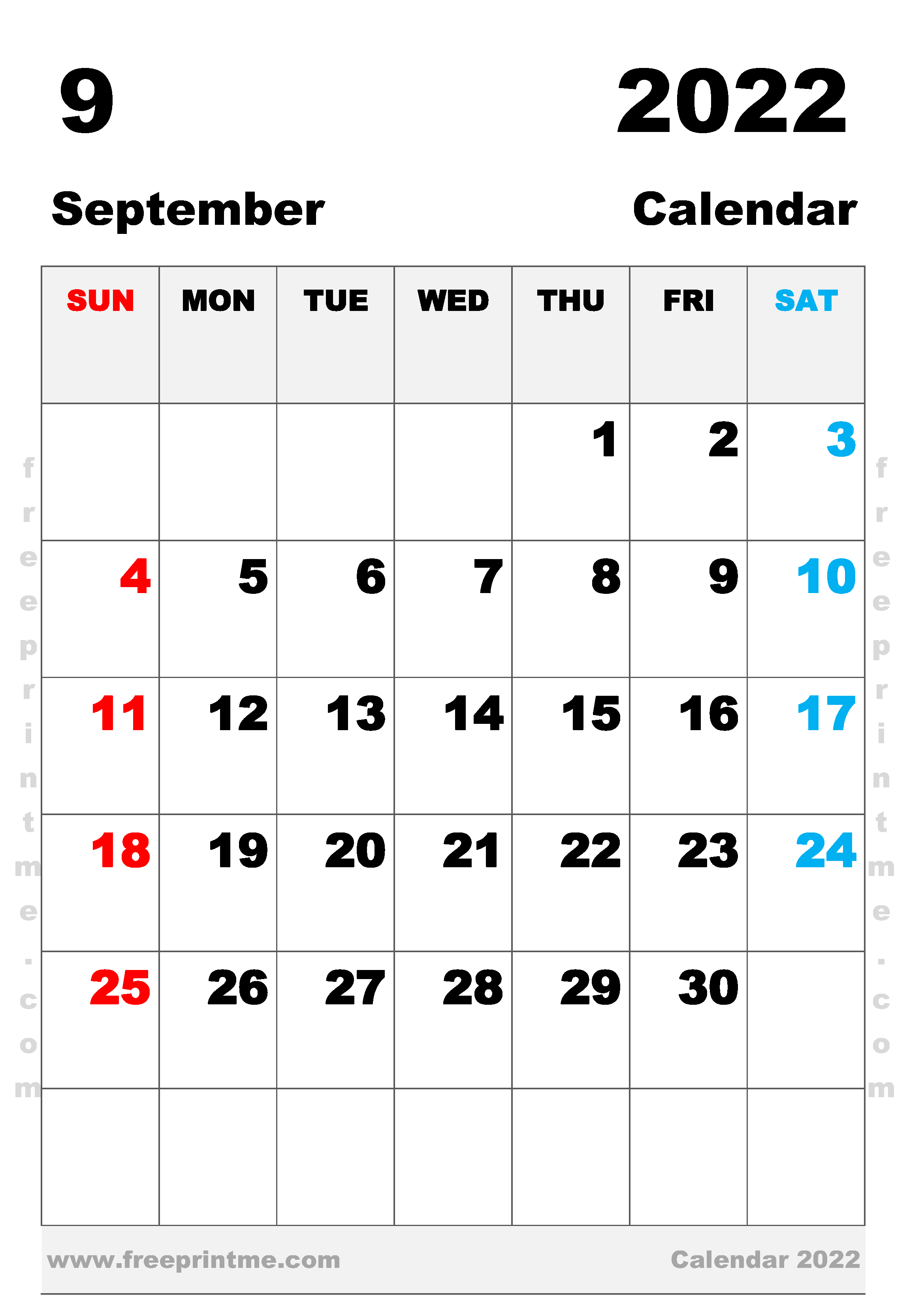Free Printable September 2022 Calendar A3