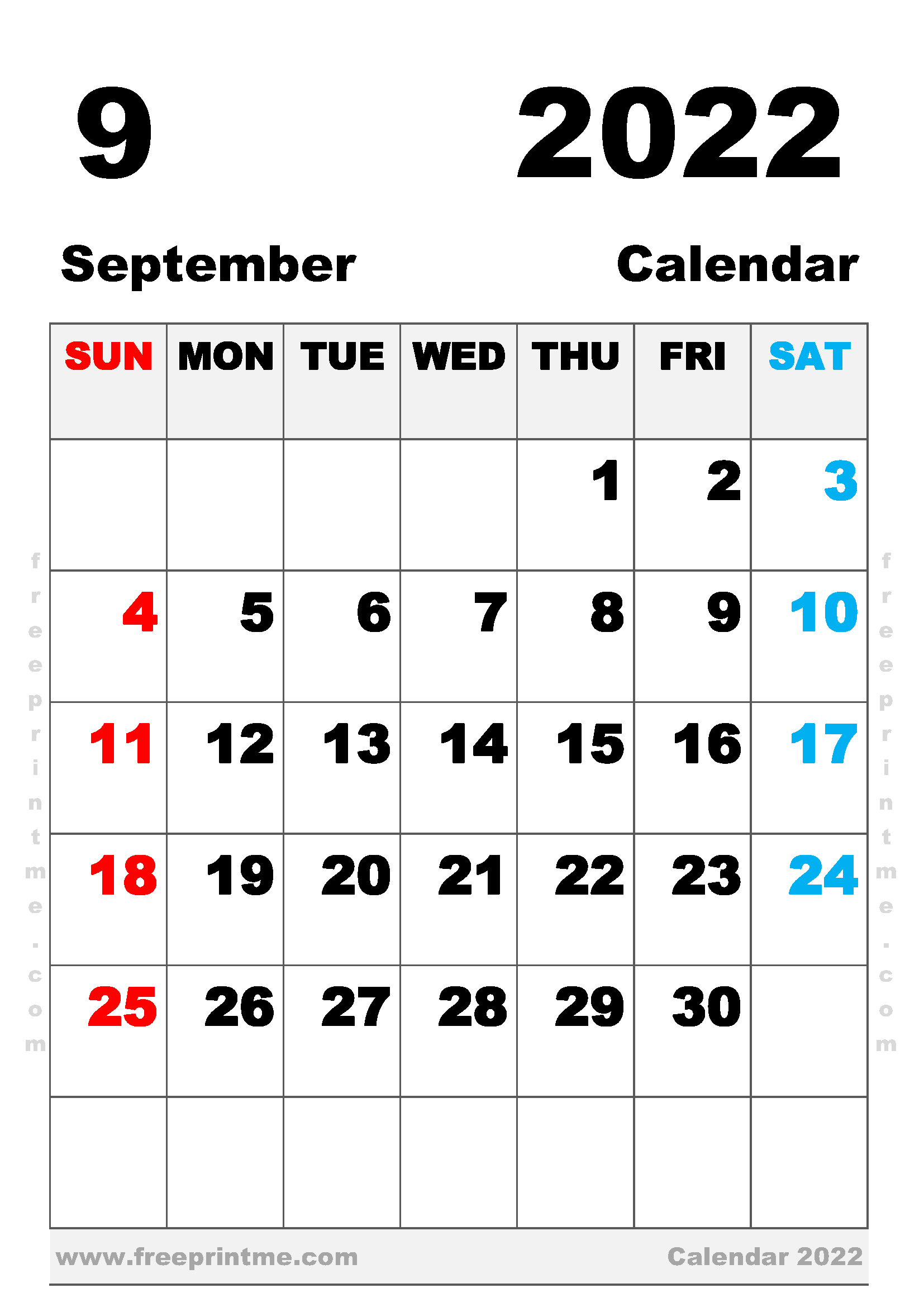 Free Printable September 2022 Calendar A4