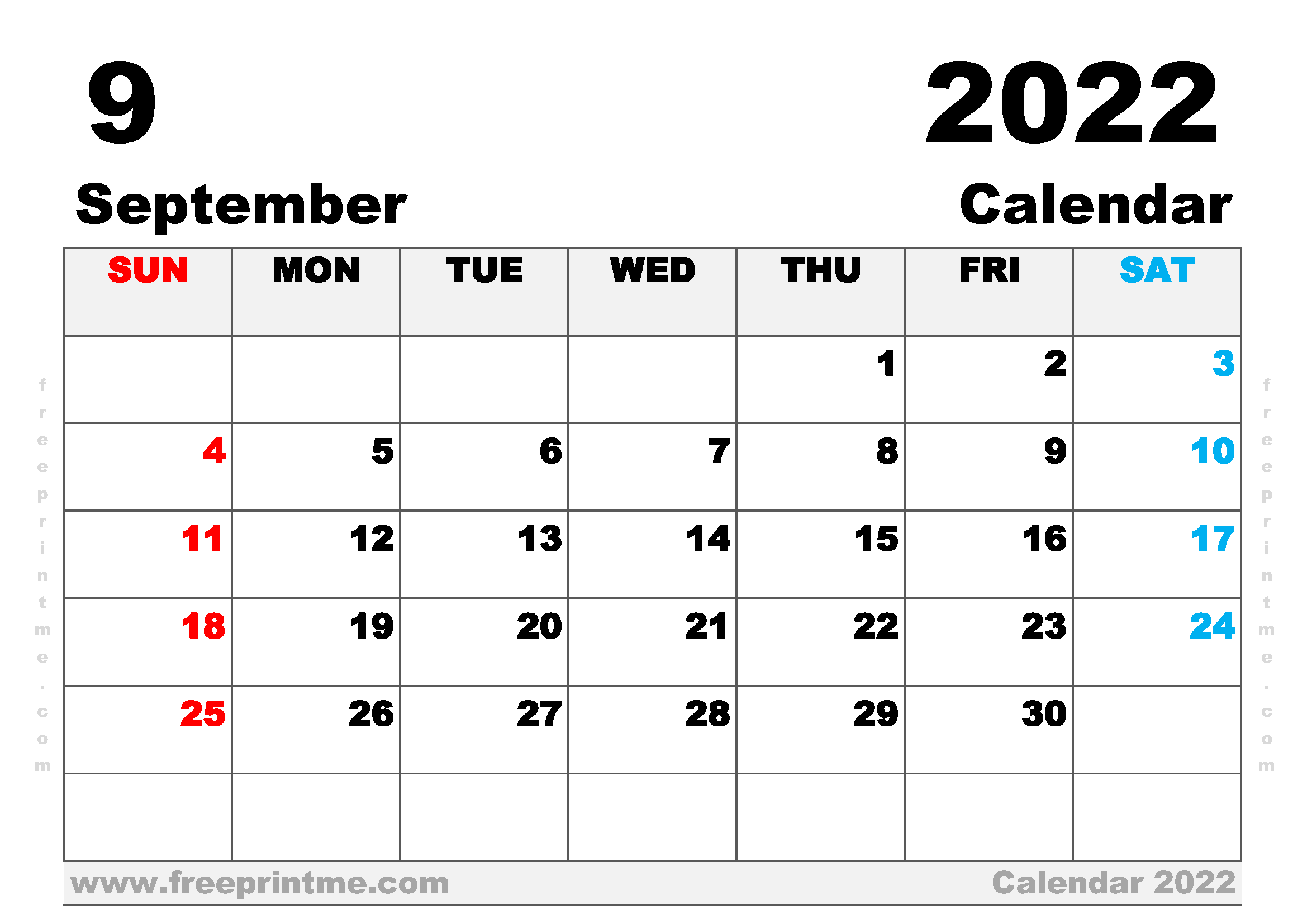 Free Printable September 2022 Calendar A4 Wide