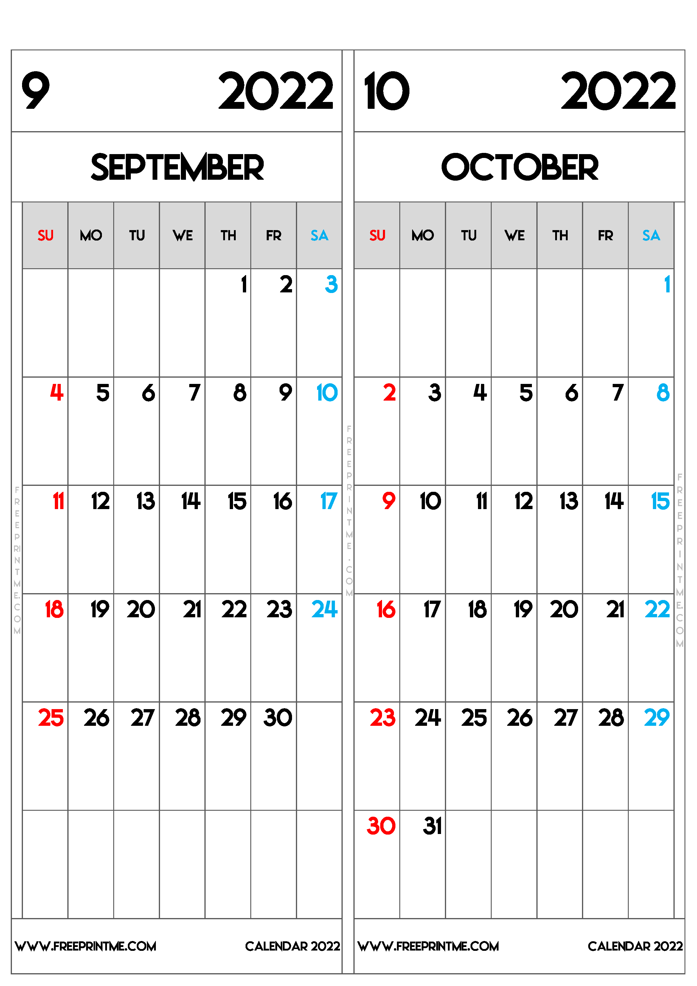 Free Printable September October 2022 Calendar A3