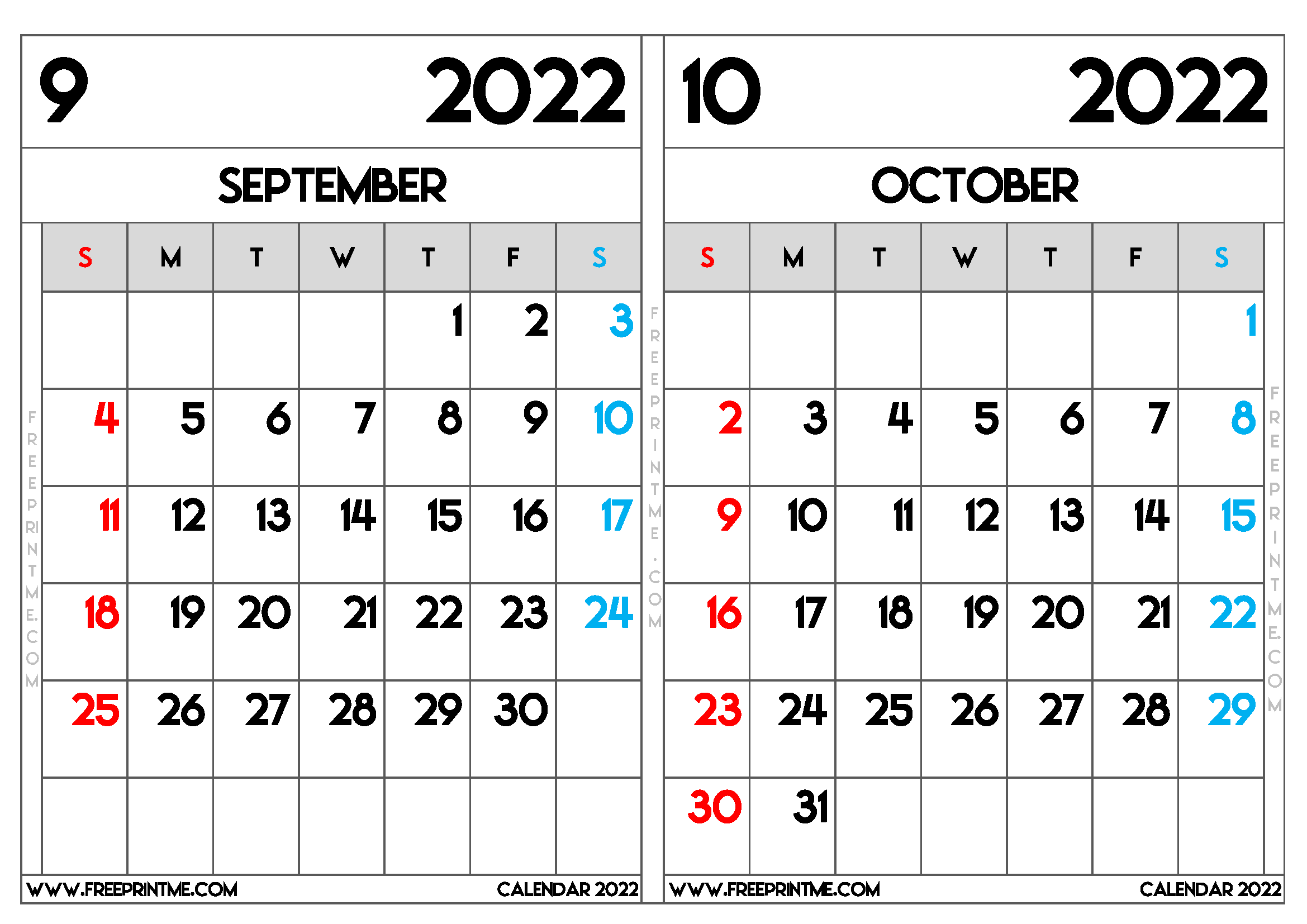 Free Printable September and October 2022 Calendar A4 Wide