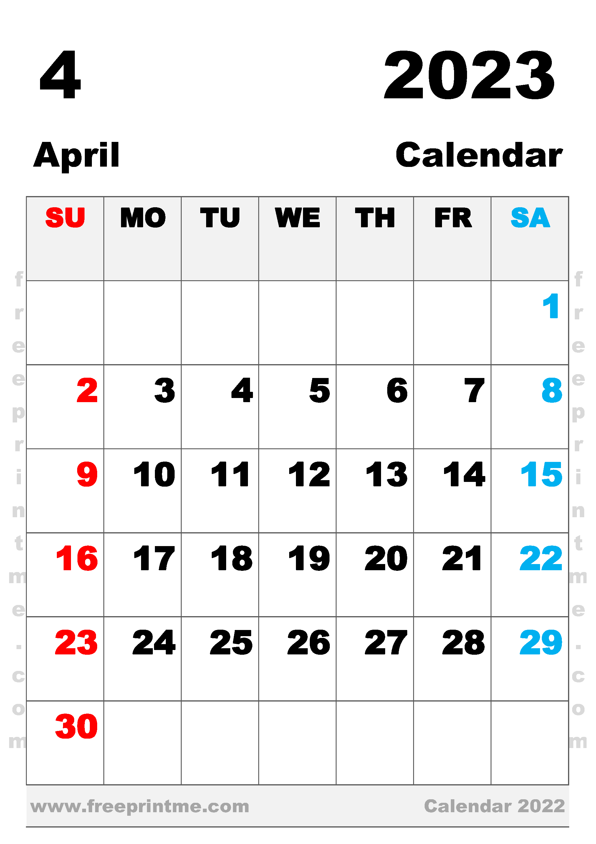 Free Printable April 2023 Calendar B4 Portrait