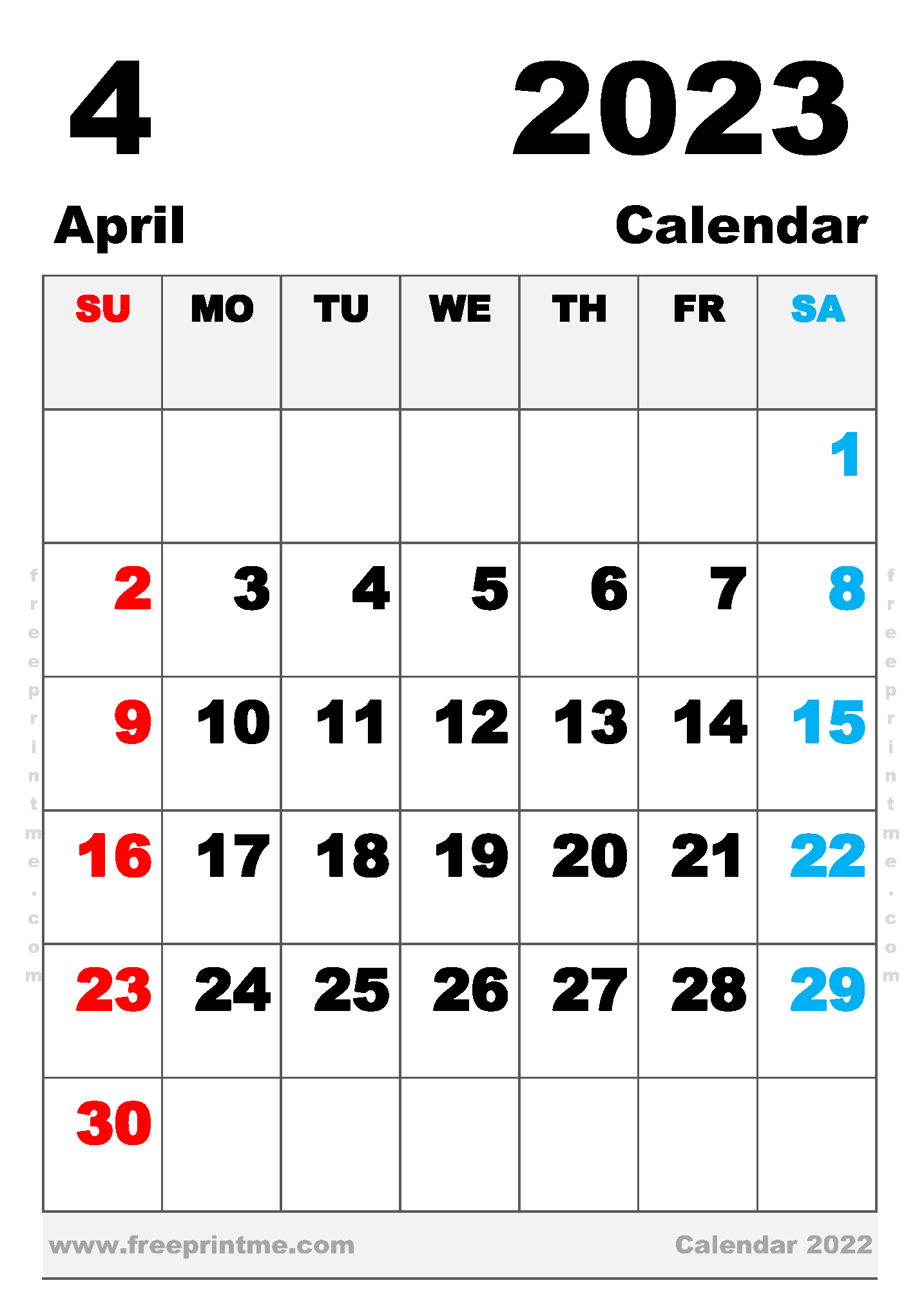 Free Printable April 2023 Calendar B5 Portrait