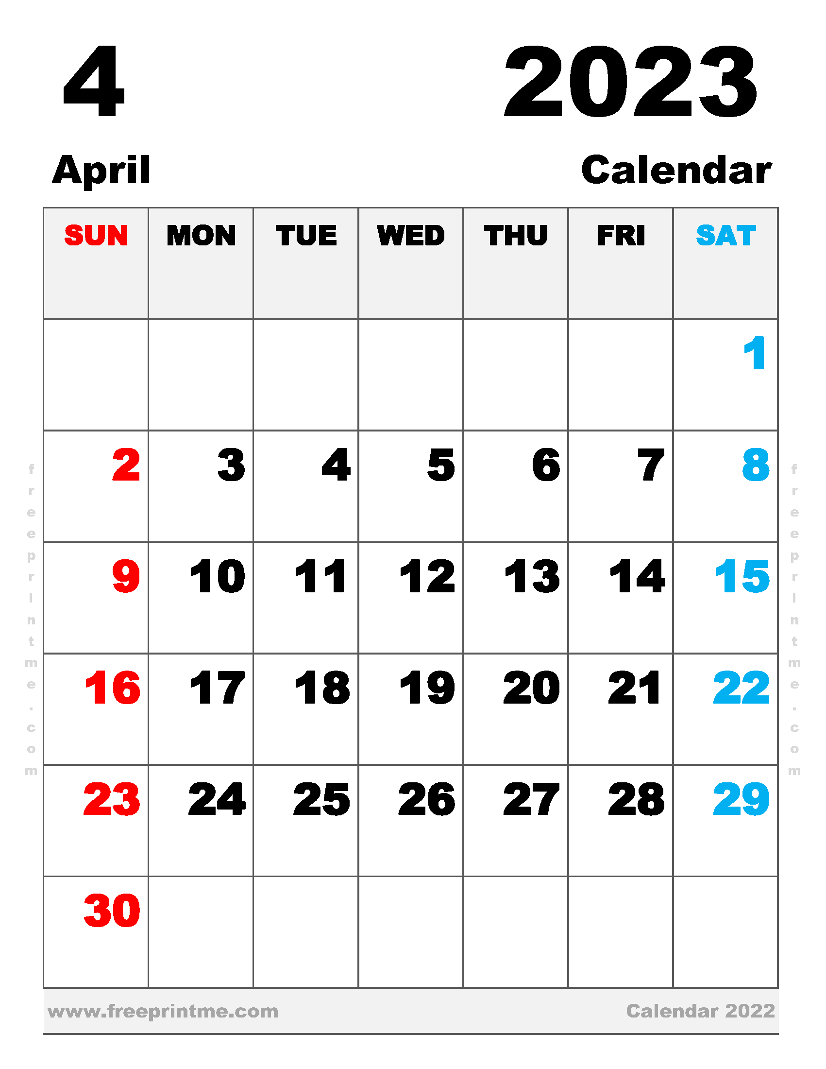 Free Printable April 2023 Calendar Letter Landscape