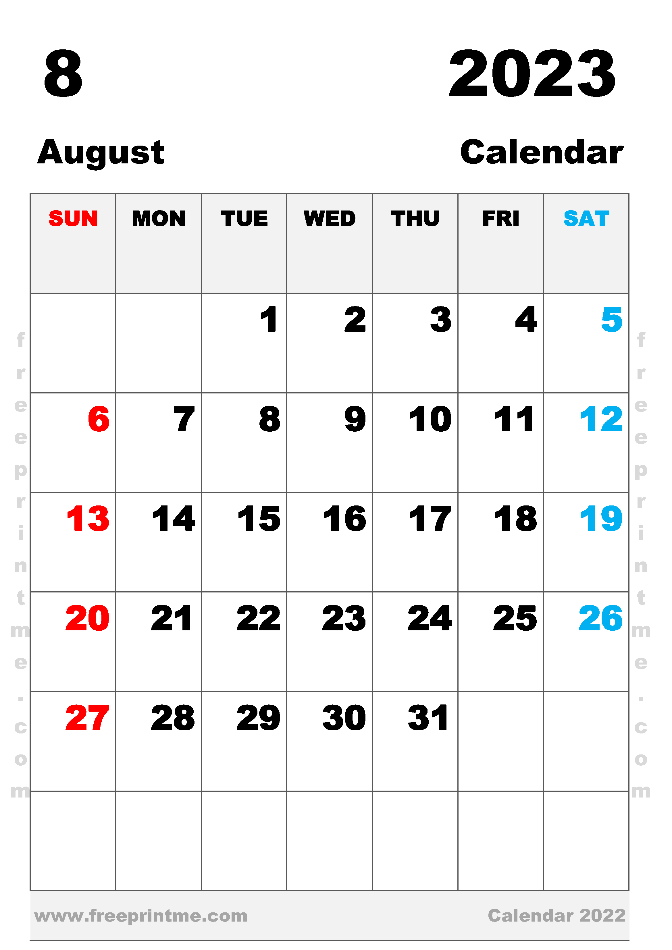 Free Printable August 2023 Calendar A3 Portrait