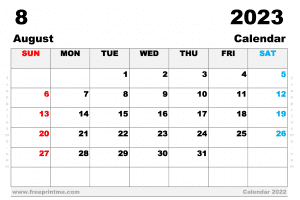 August 2023 Calendar Printable A3 Wide Landscape