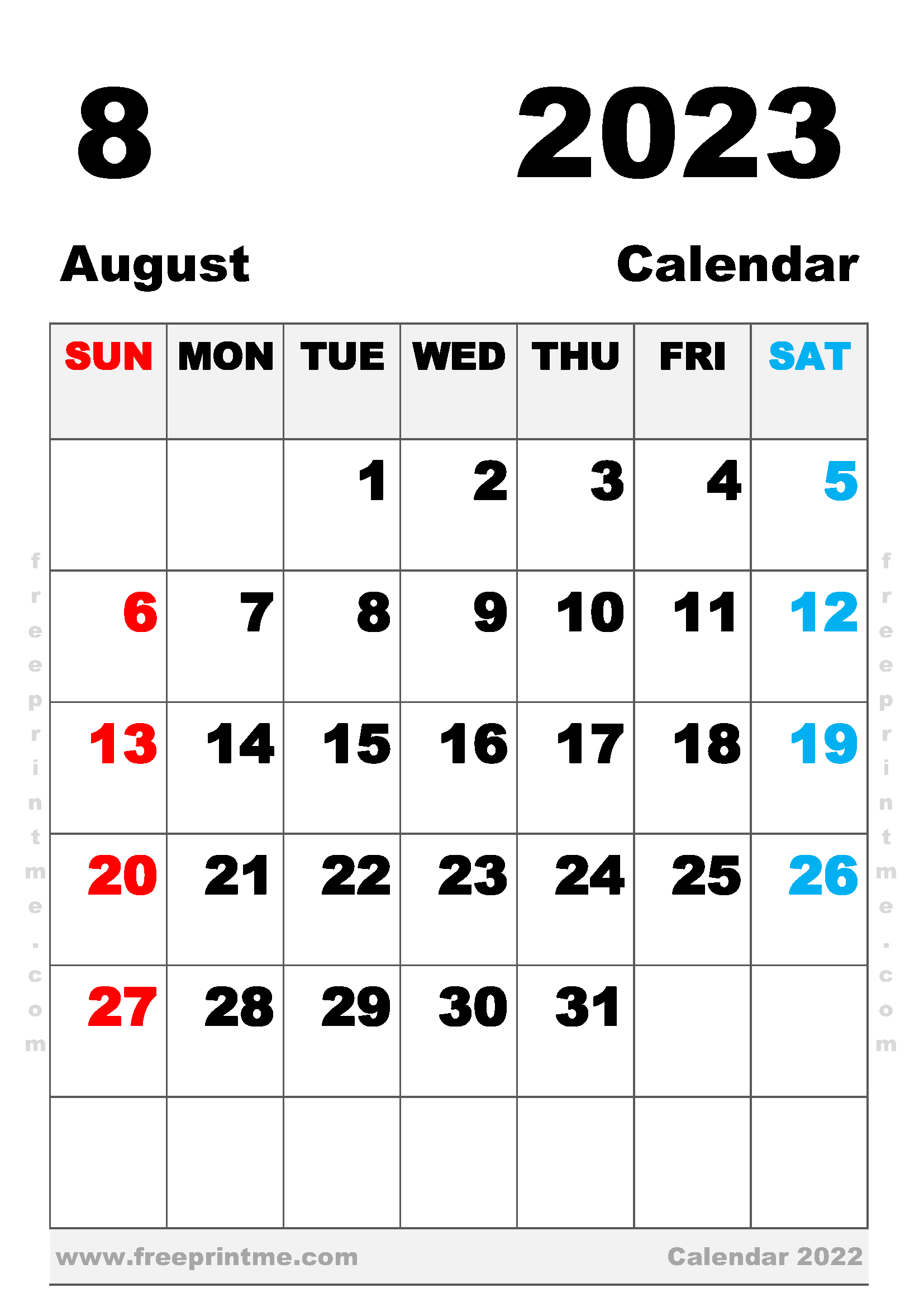 Printable August 2023 Calendar A4 Portrait