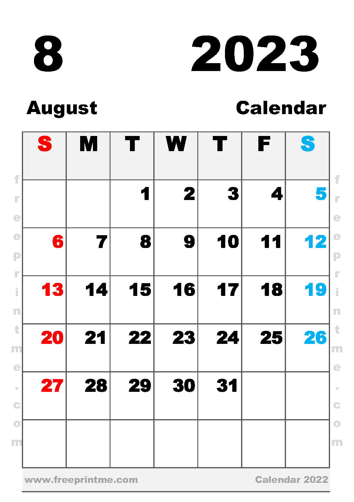 Free Printable August 2023 Calendar A5 Portrait